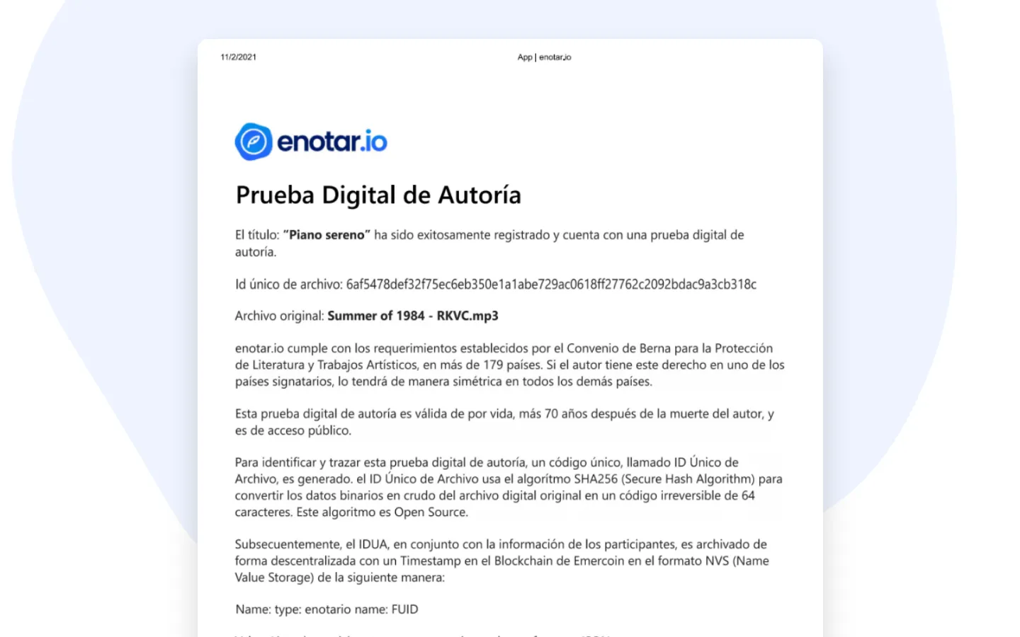 Prueba digital de autoría - certificado enotar.io 2021 - Español