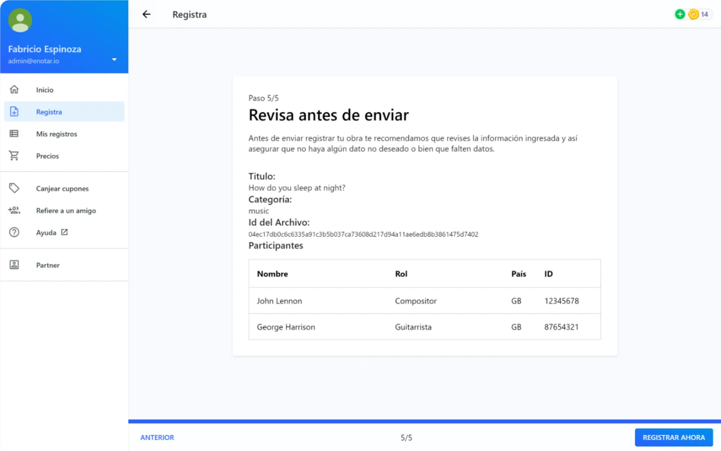 Revise la información y envié a registrar - enotar.io 2021 - Español