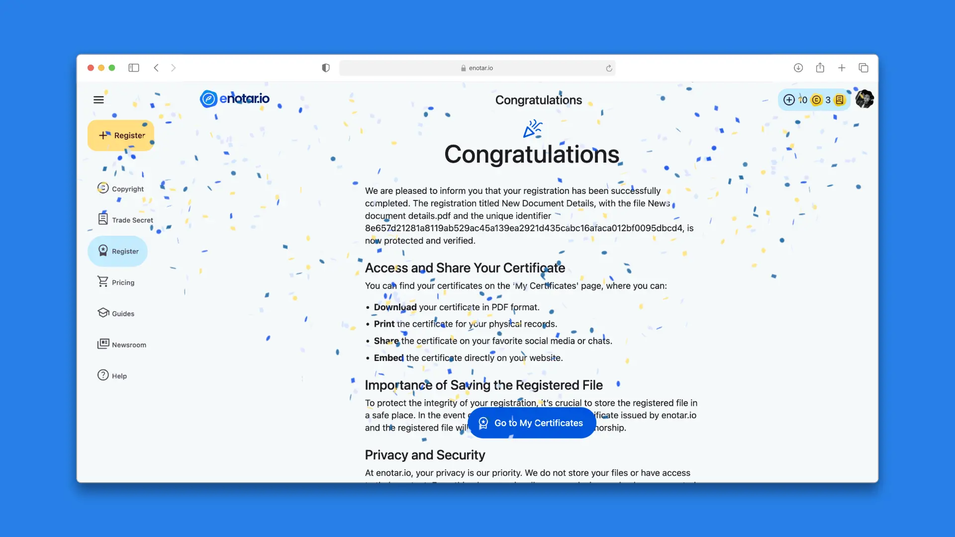 Appendix registration congratulations page on enotar.io