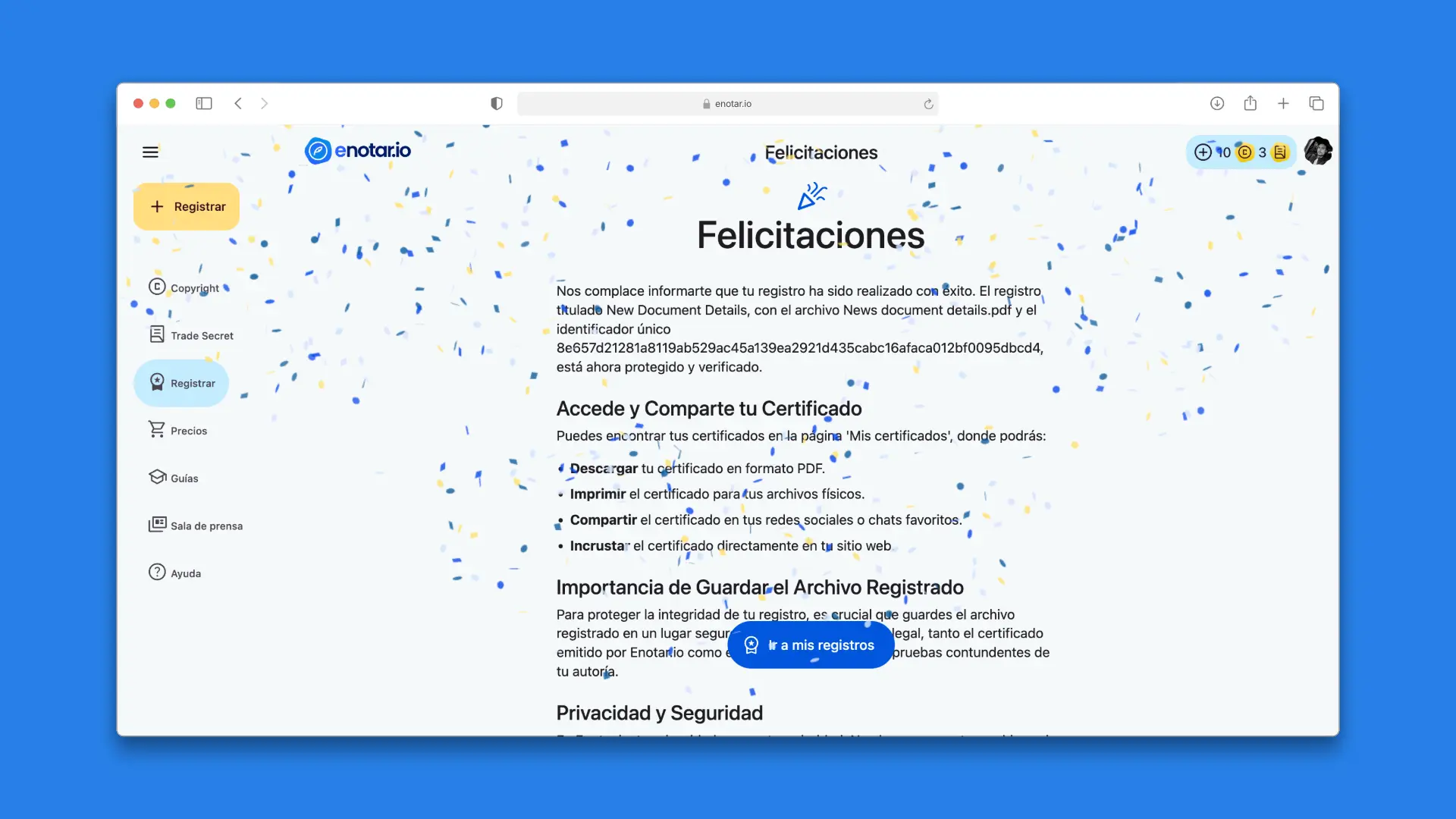 Página de felicitaciones del registro de apéndice en enotar.io