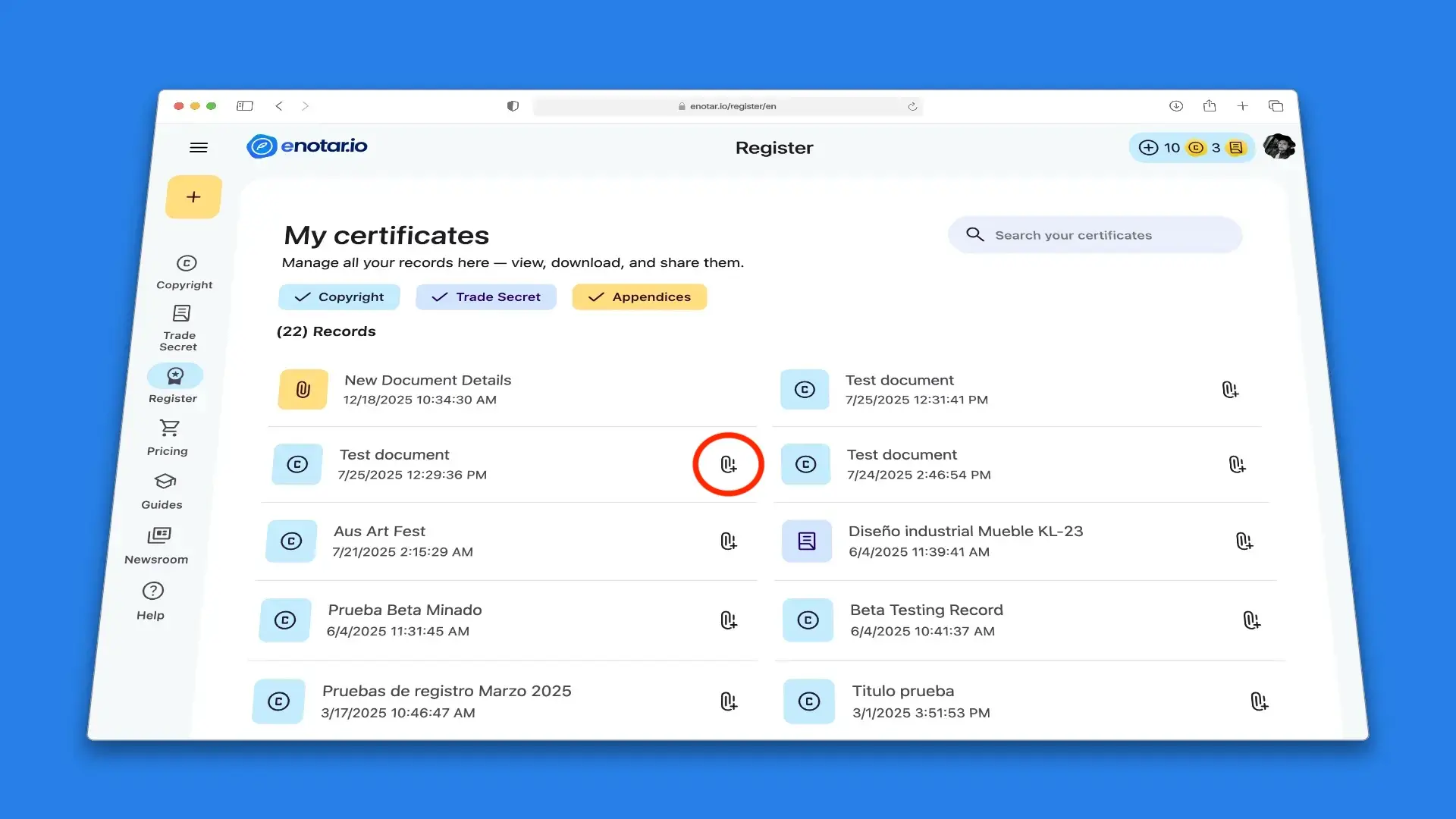 Appendices section in My Certificates on enotar.io