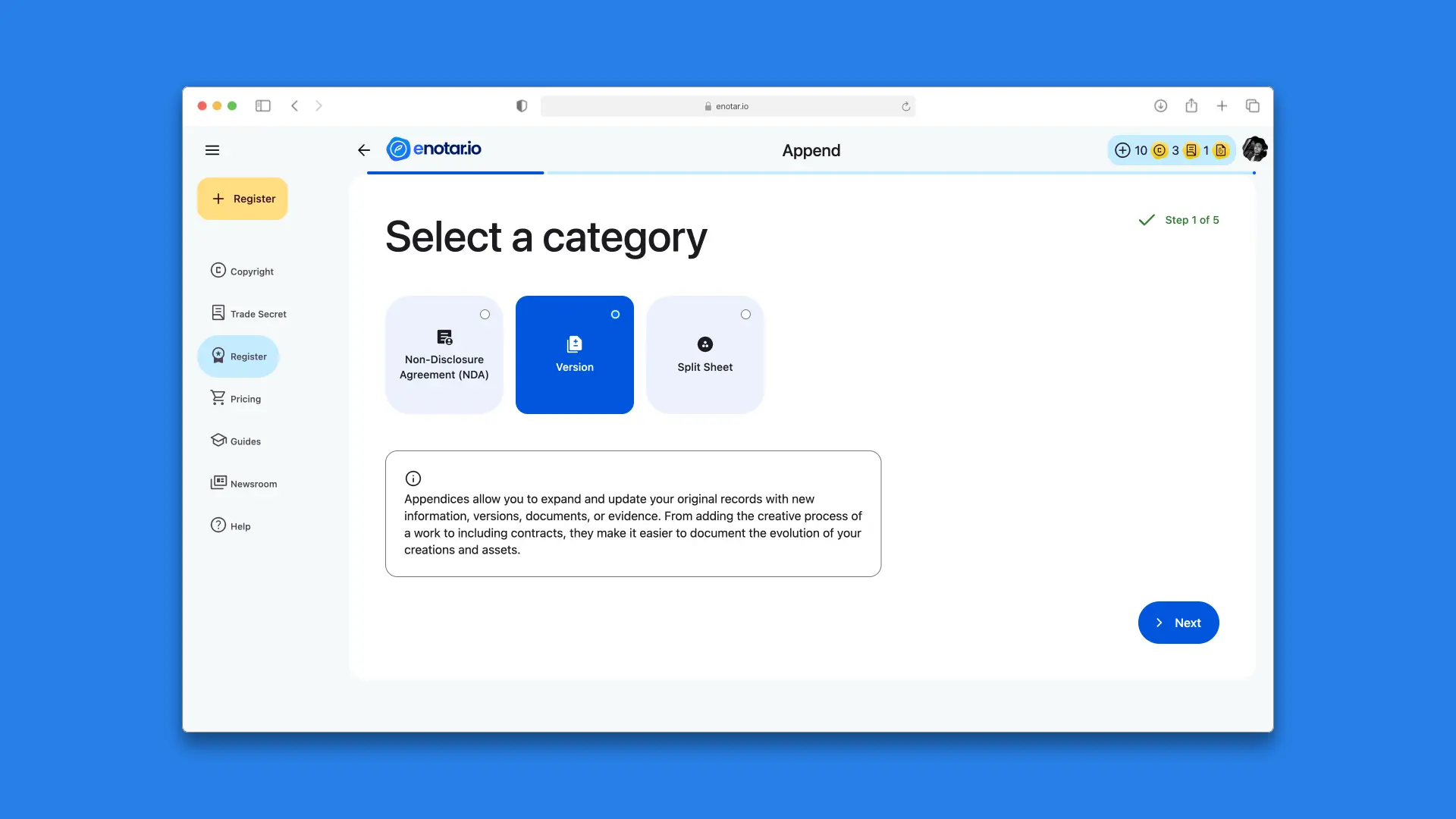 Step 1: Select a category in the appendix registration process on enotar.io