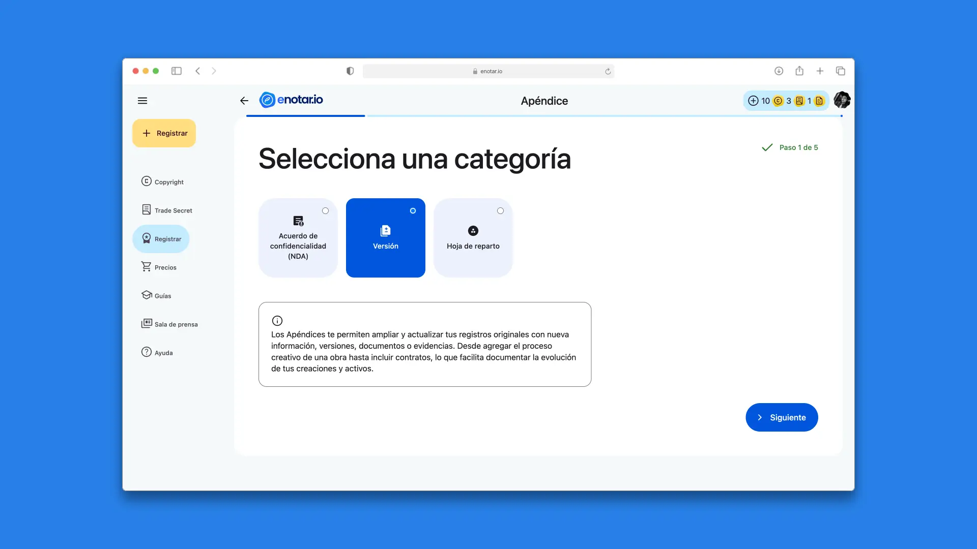 Paso 1: Elegir una categoría en Proceso de Registro Apendices enotar.io