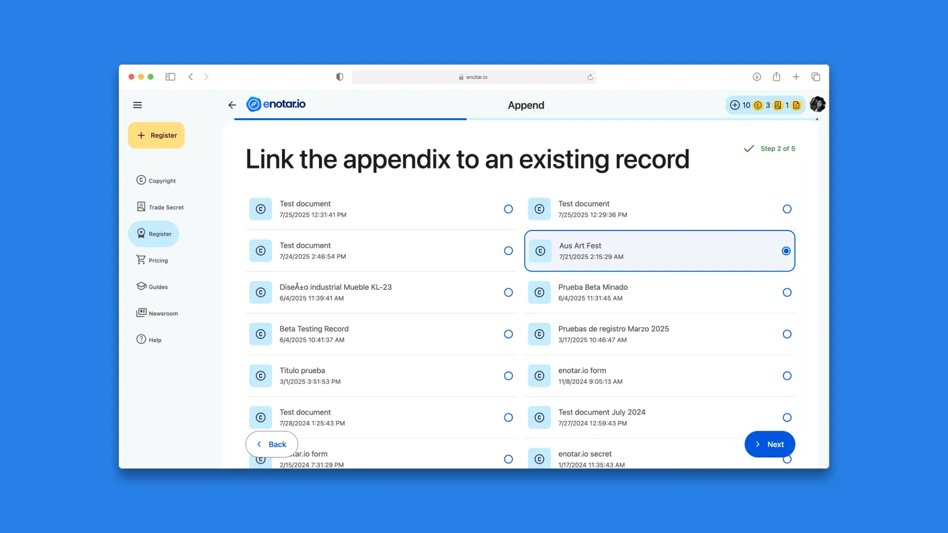 Step 2: Link record in the appendix registration process on enotar.io