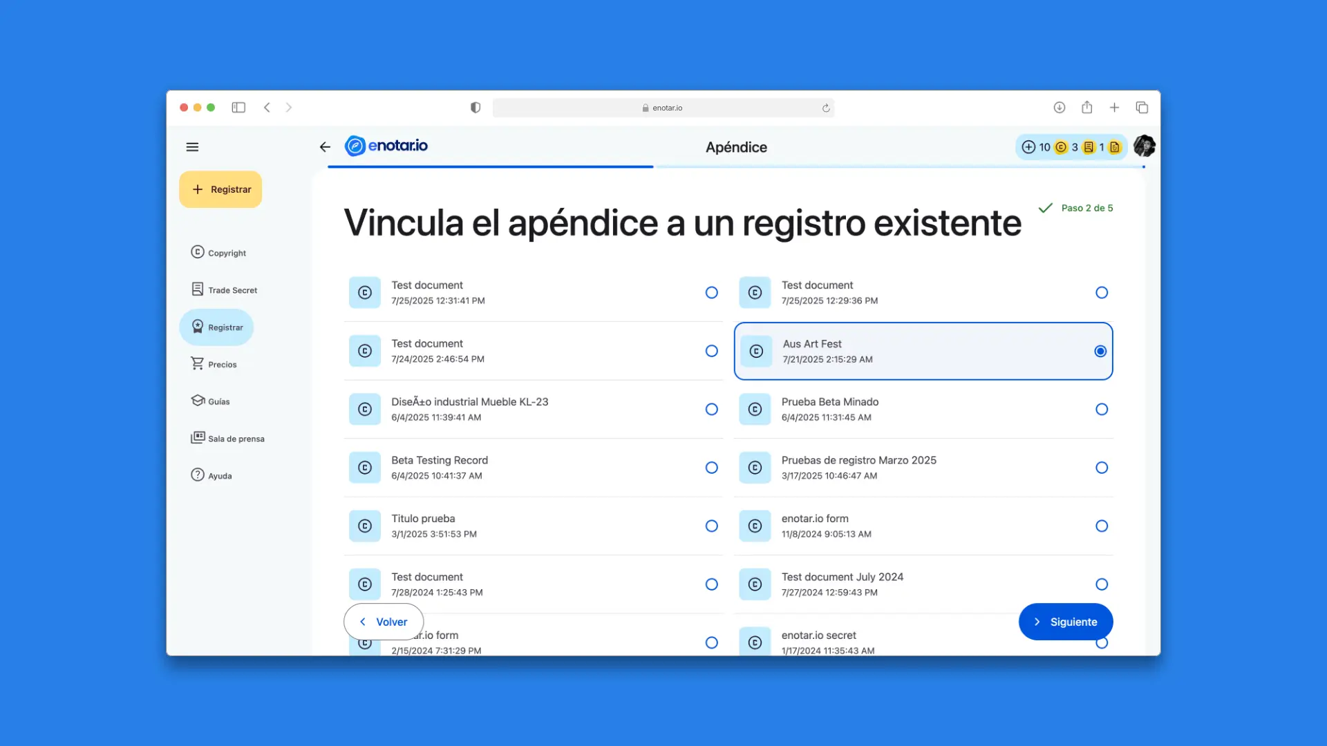 Paso 2: Vincular registro en Proceso de Registro Apendices enotar.io