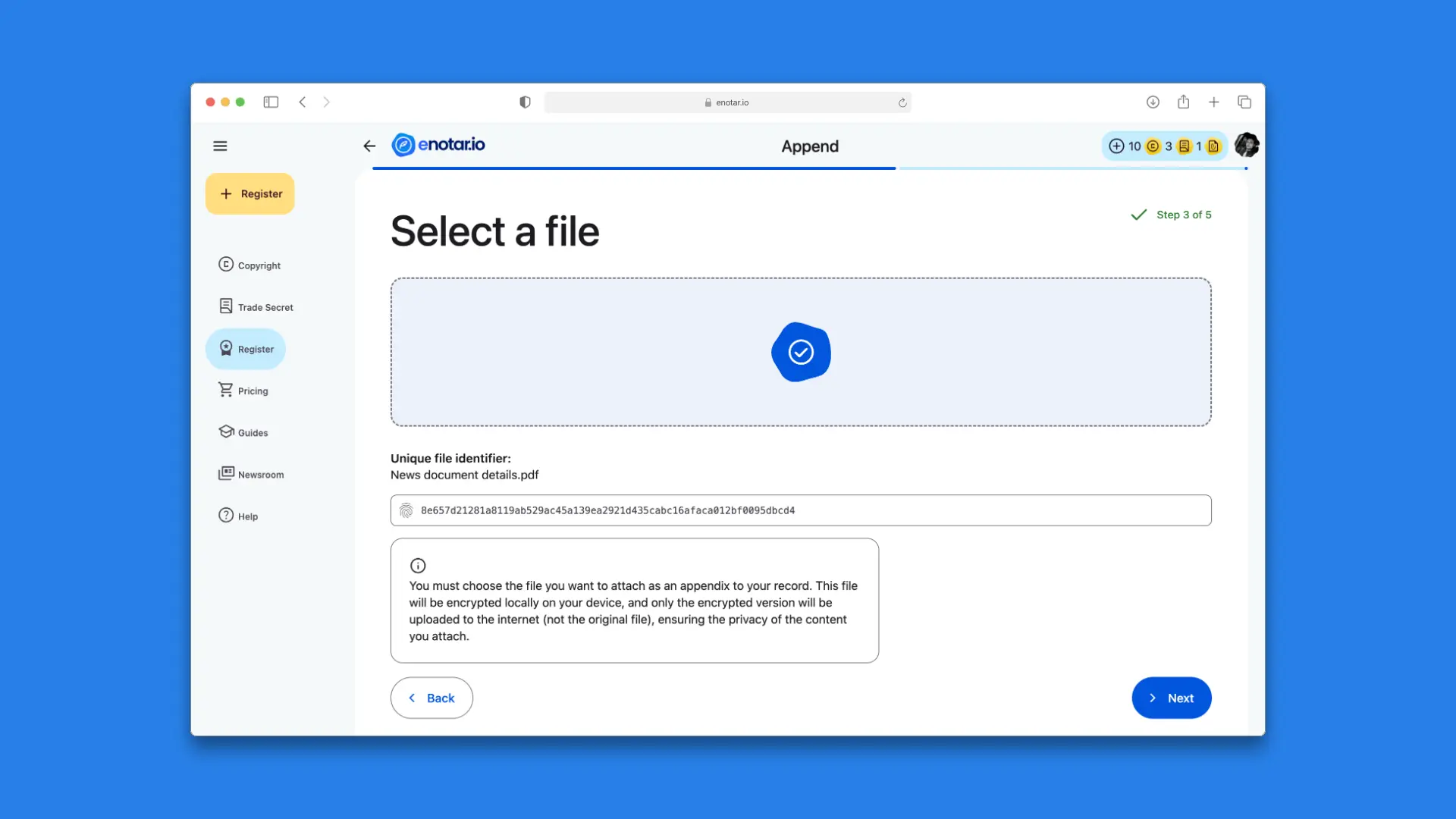 Step 3: Select file in the appendix registration process on enotar.io