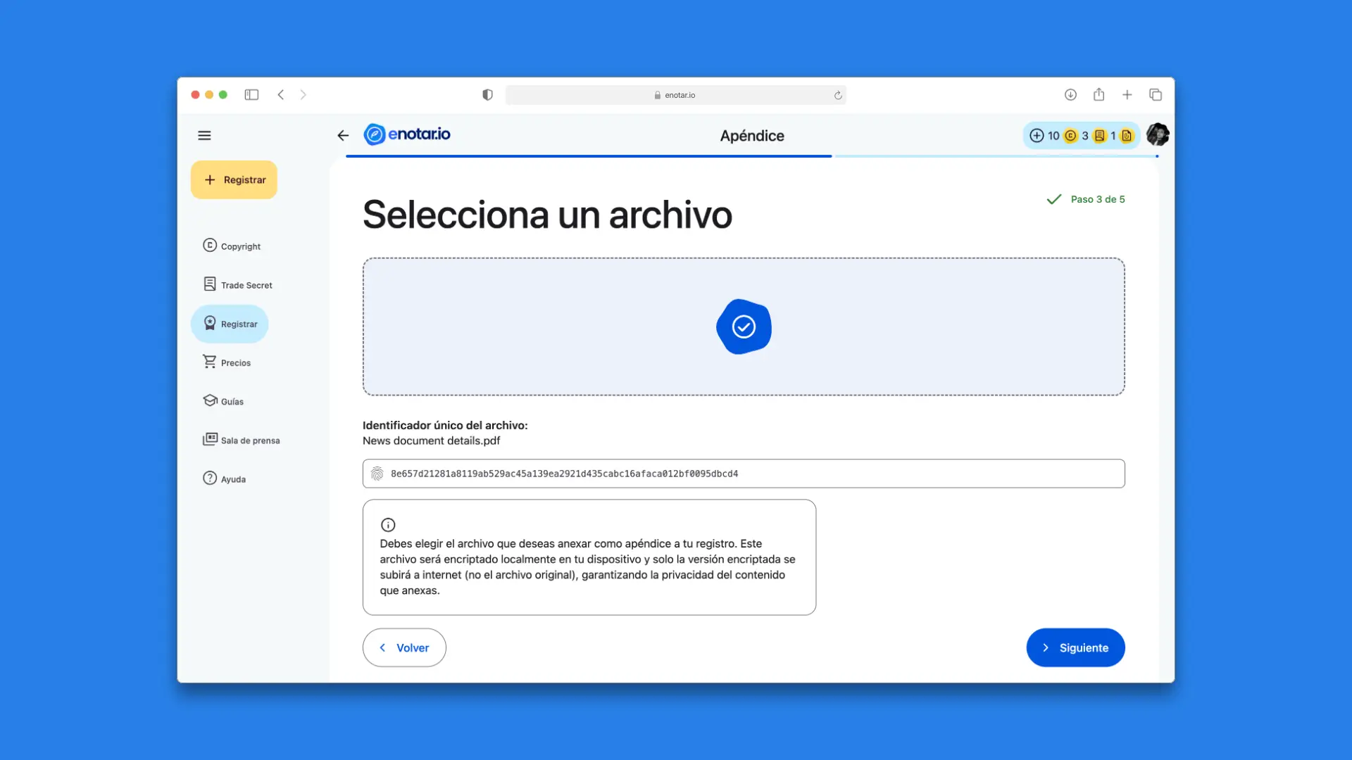 Paso 3: Seleccionar archivo en Proceso de Registro Apendices enotar.io