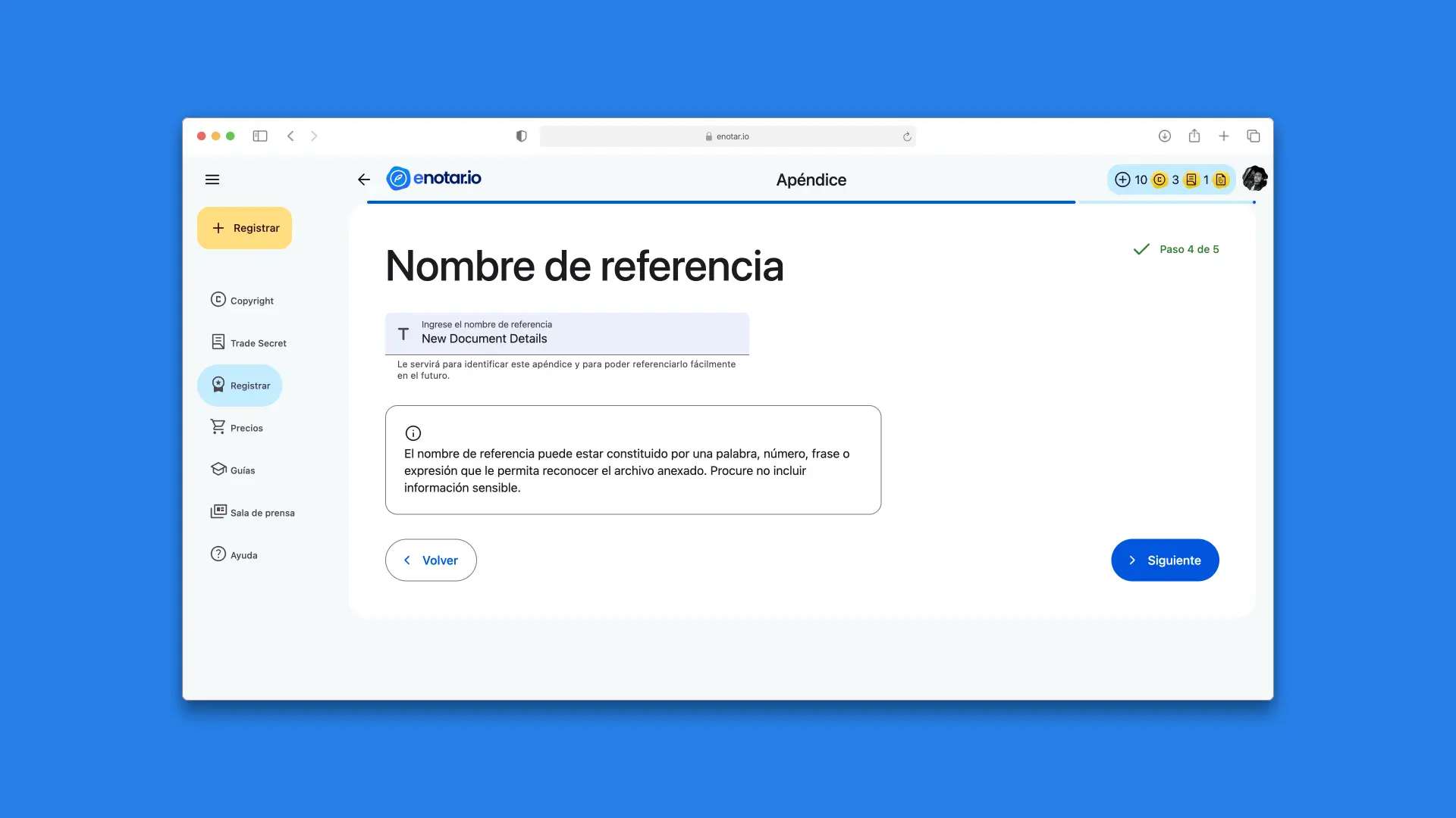 Paso 4: Escribir nombre referencia en Proceso de Registro Apendices enotar.io