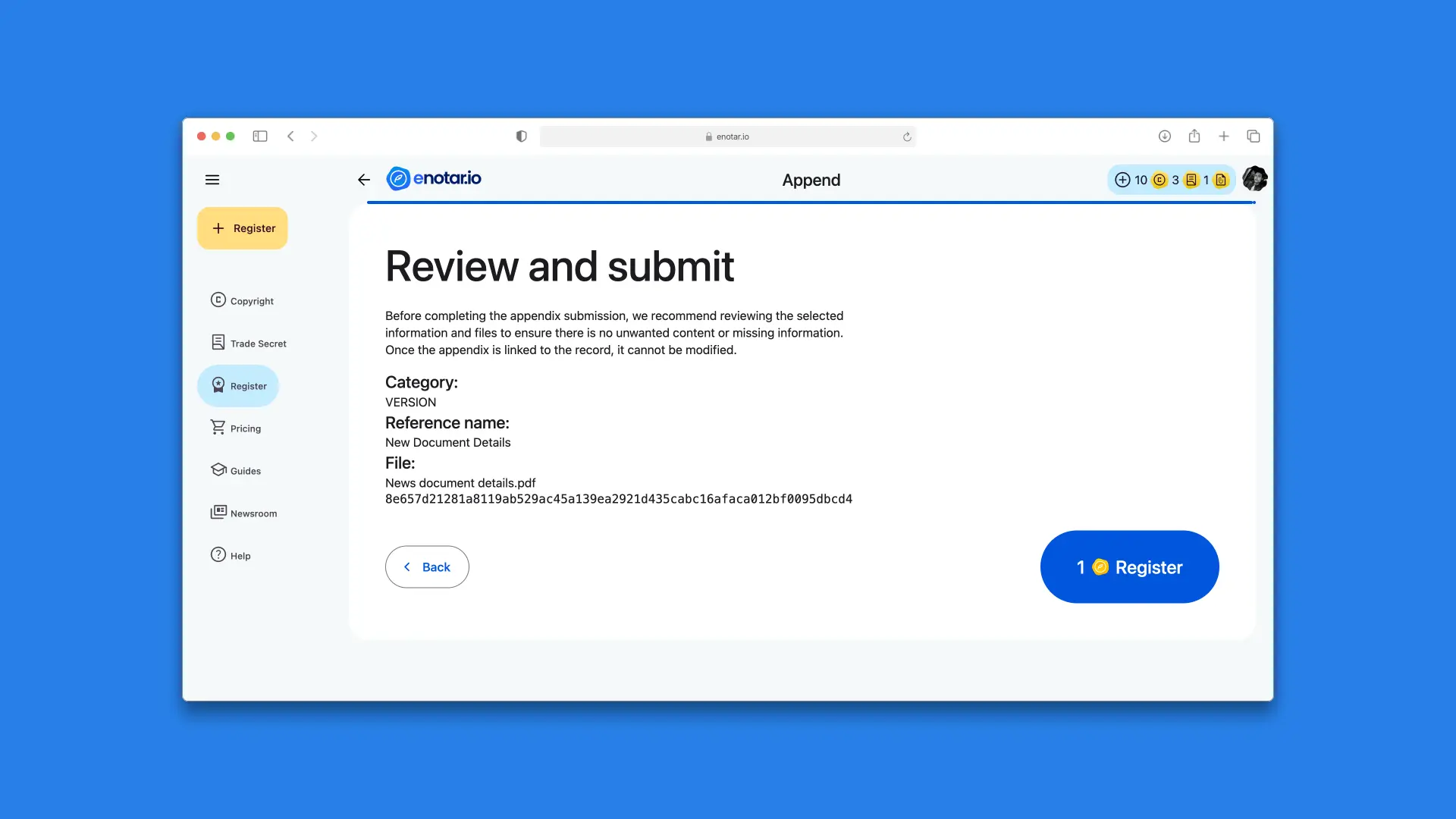 Step 5: Review and submit in the appendix registration process on enotar.io