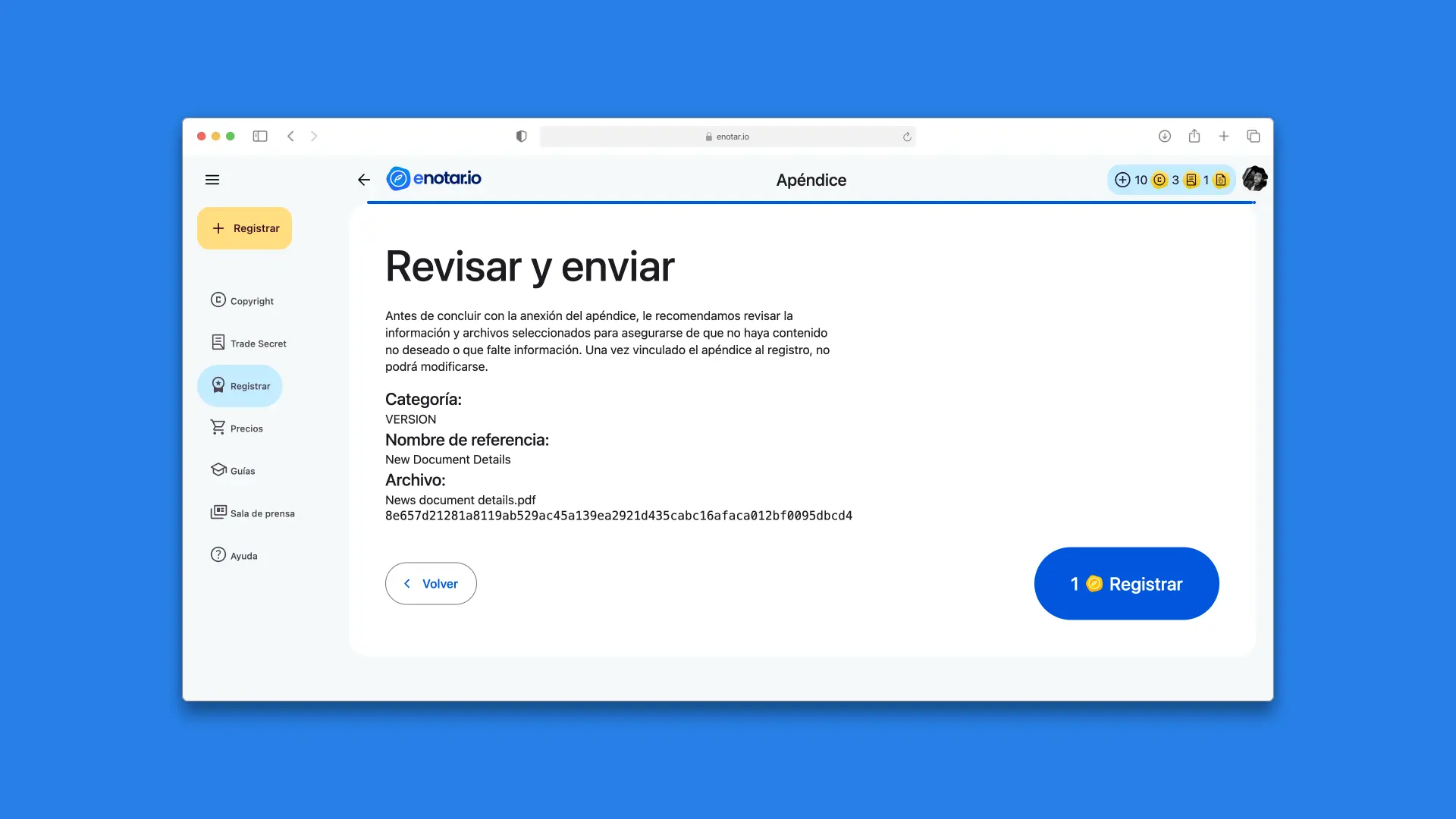 Paso 5: Revisar y enviar en Proceso de Registro Apendices enotar.io