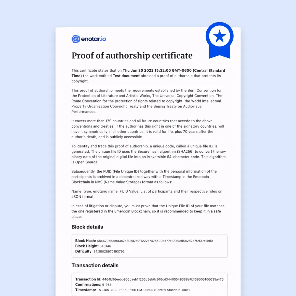 Certificado de prueba de autoria para derecho de autor emitido por enotar.io
