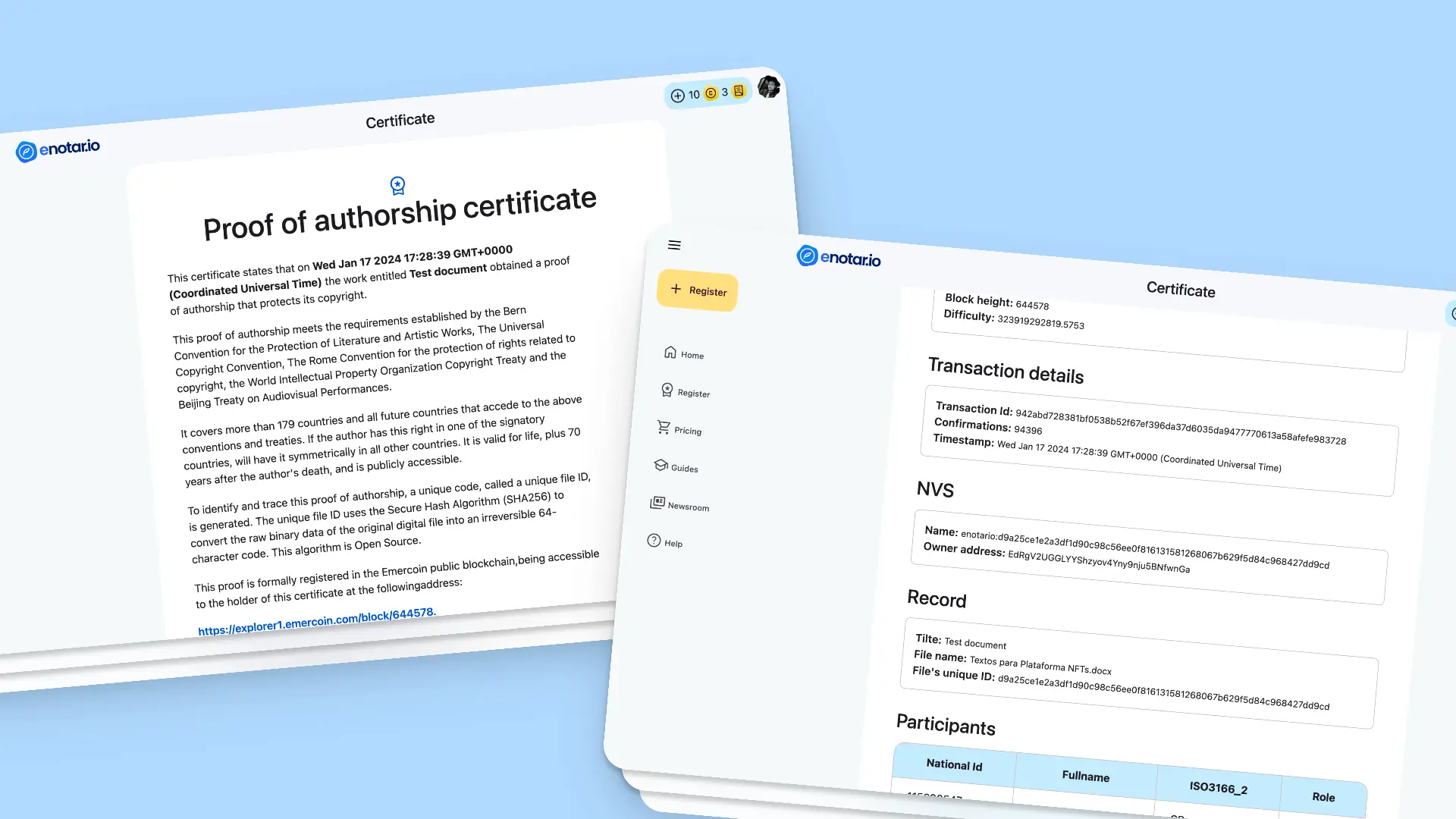 Digital authorship certificates issued by enotar.io