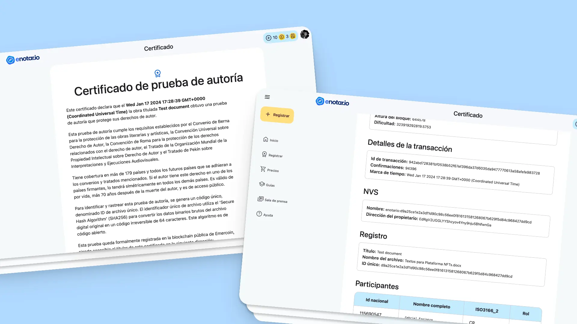 Pruebas digitales de autoría emitidas por enotar.io