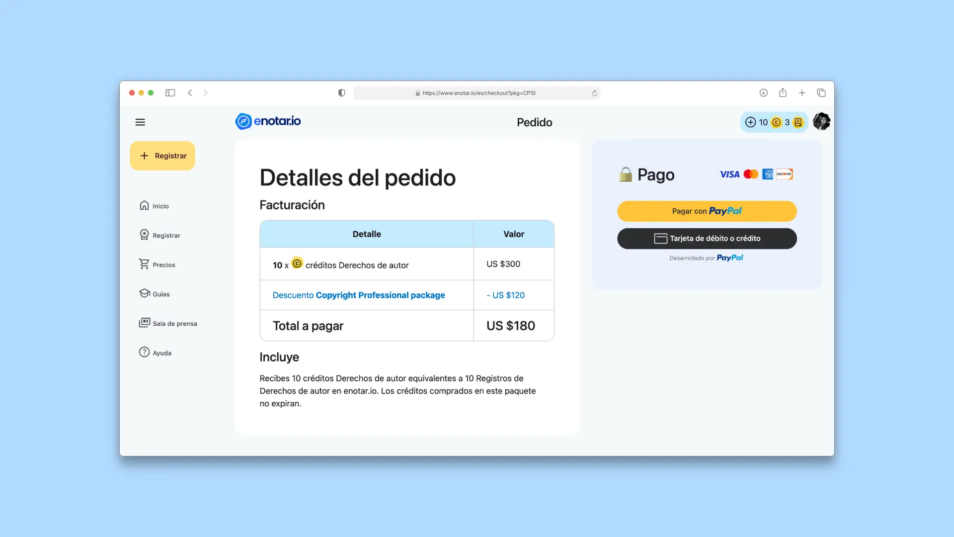 Ejemplo Pagina de pago enotar.io