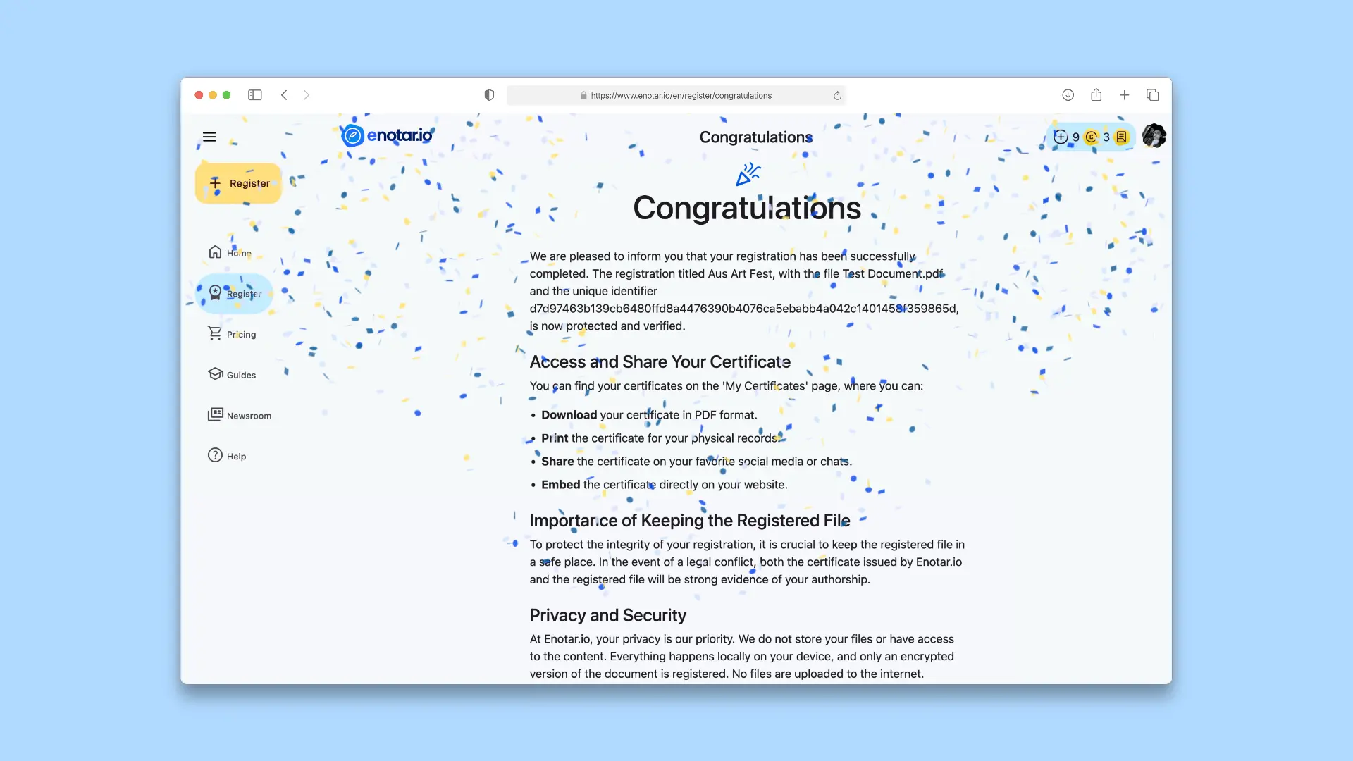 Congratulations your copyright registration is completed
