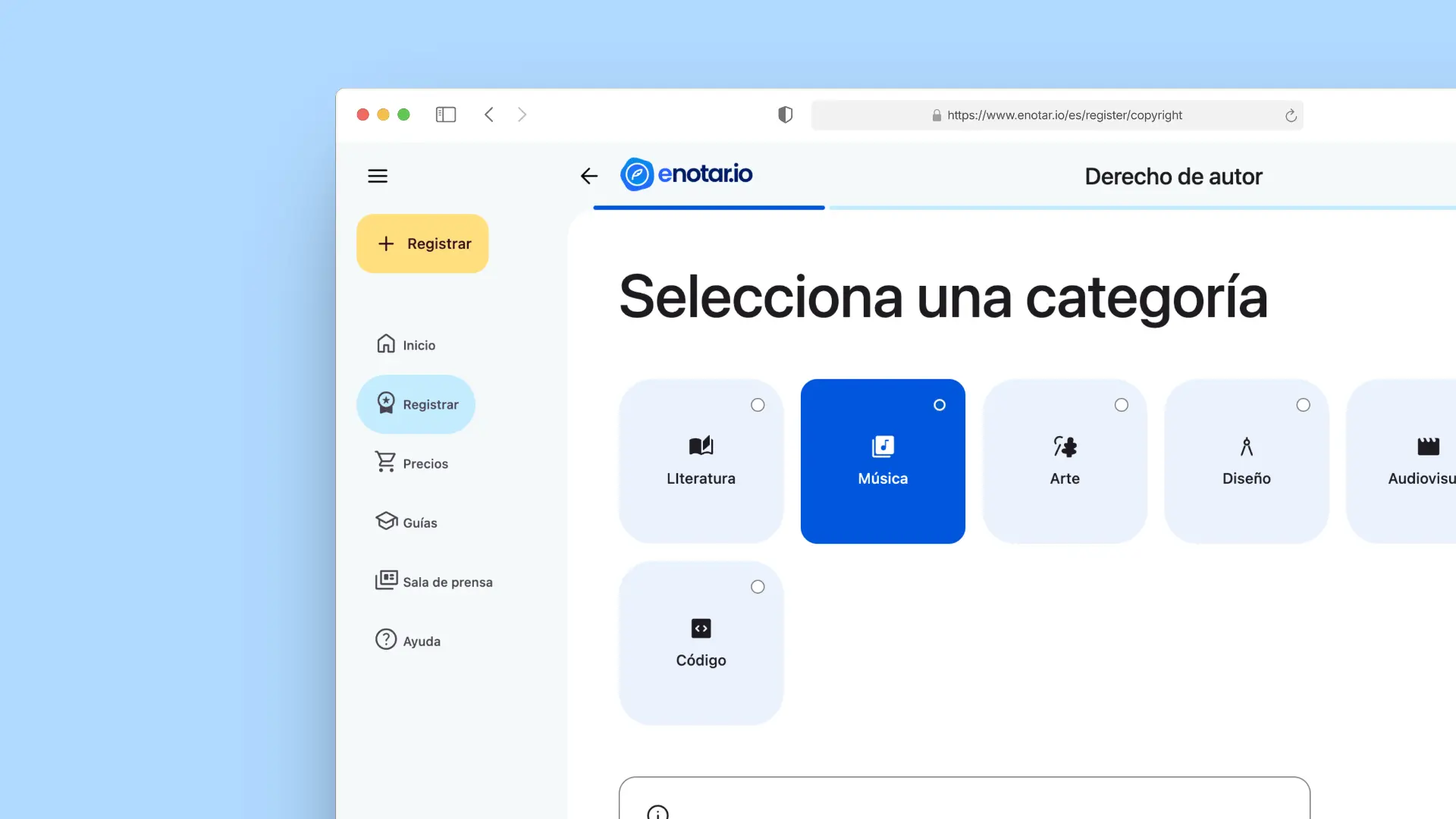 Primer paso de registro de Derechos de Autor 'Selecciona una categoría'