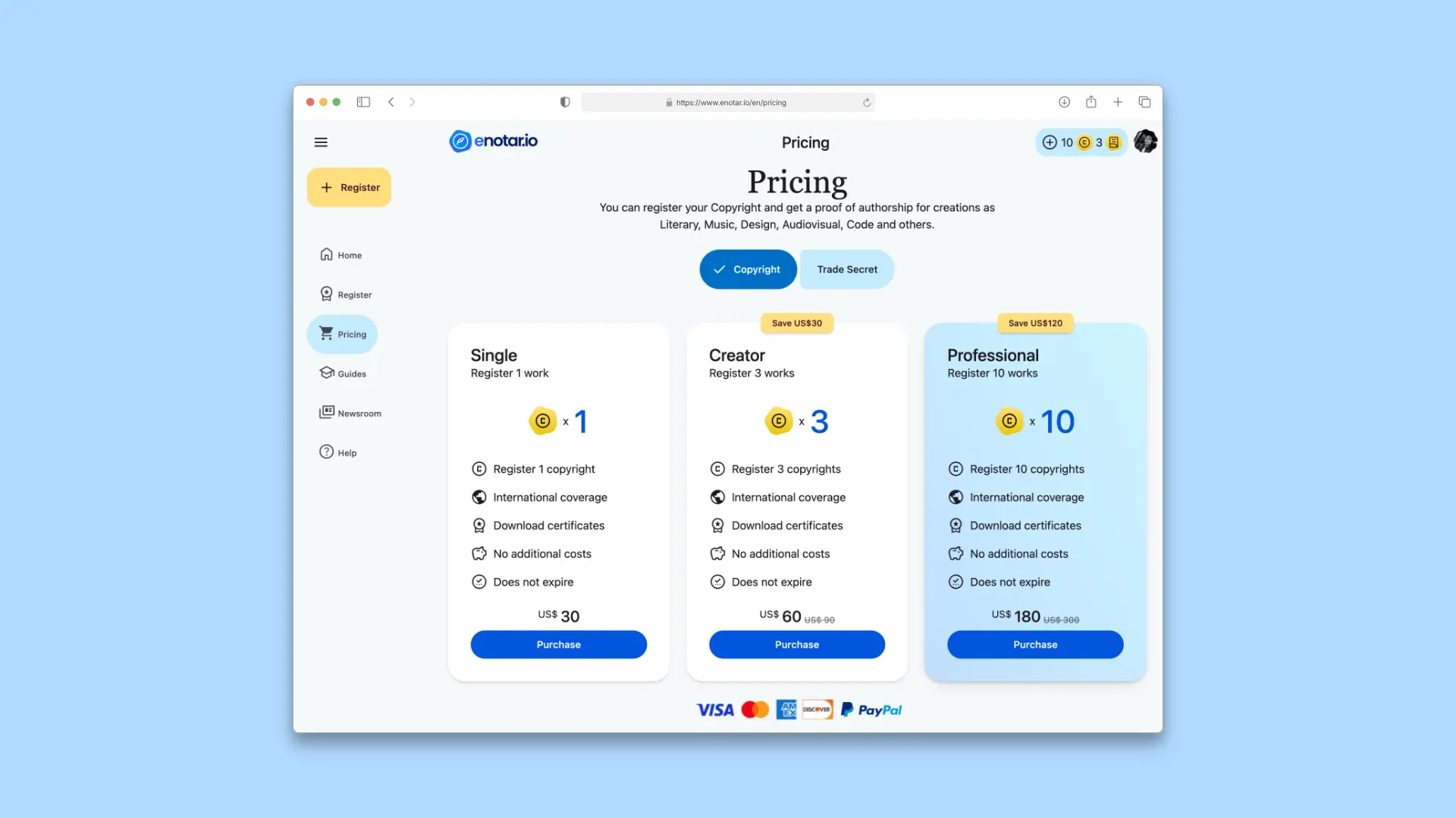 enotar.io Pricing Table - Copyright