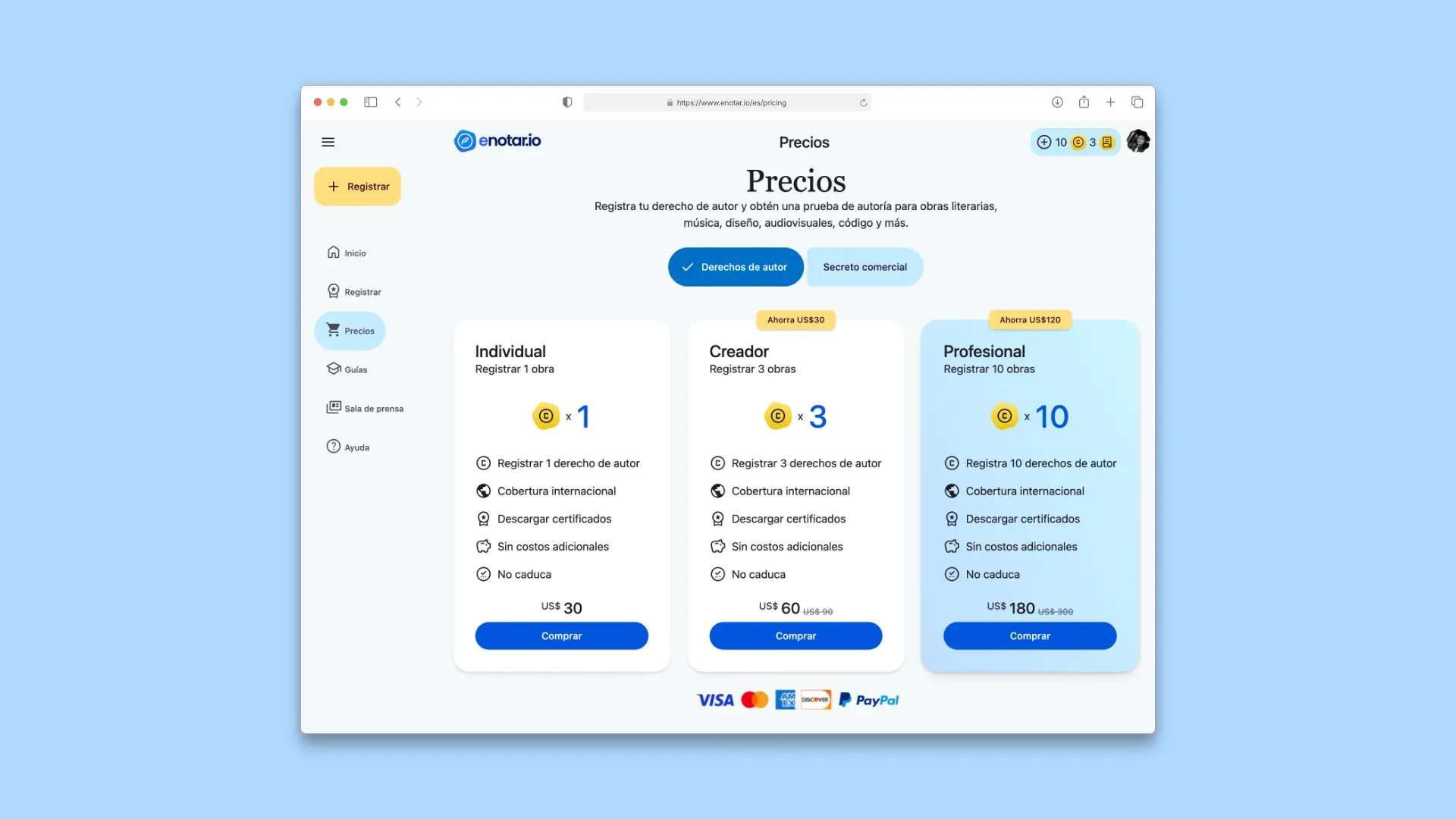 Tabla de precios de enotar.io Derecho de Autor