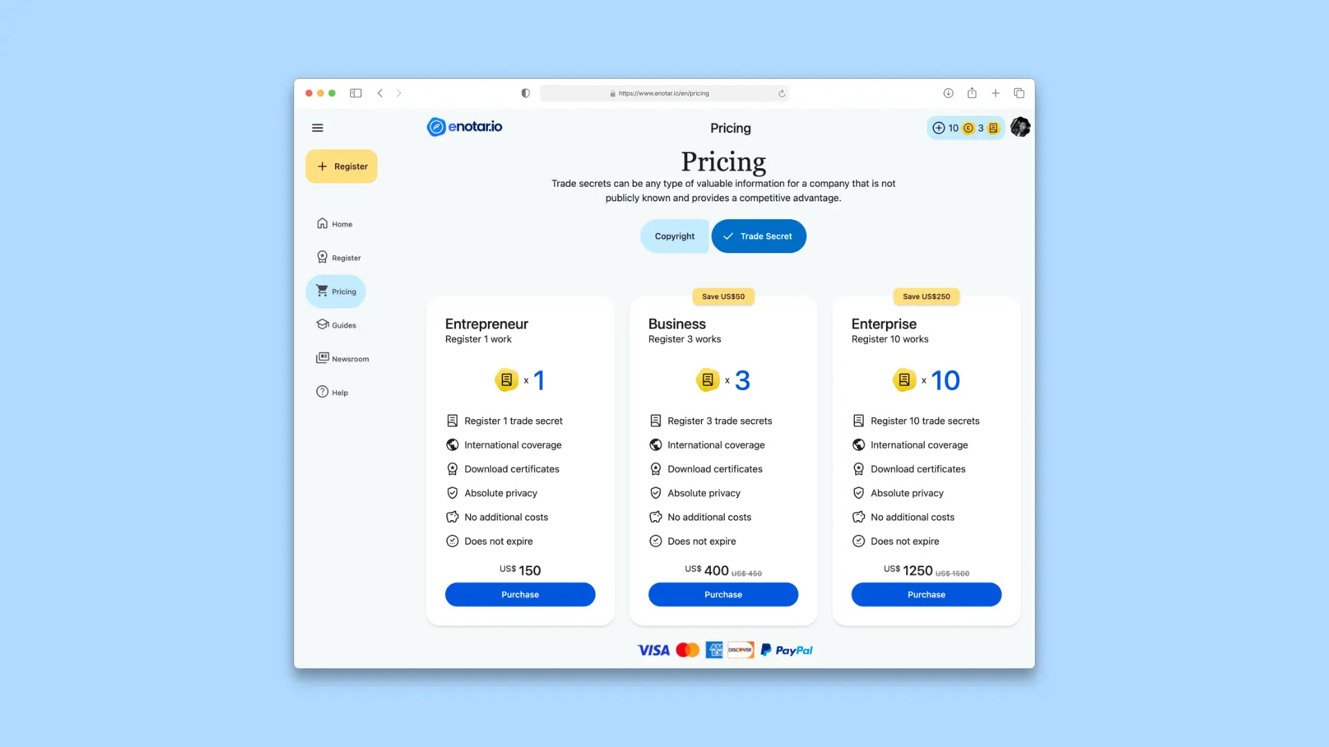 enotar.io Pricing Table - Trade Secret