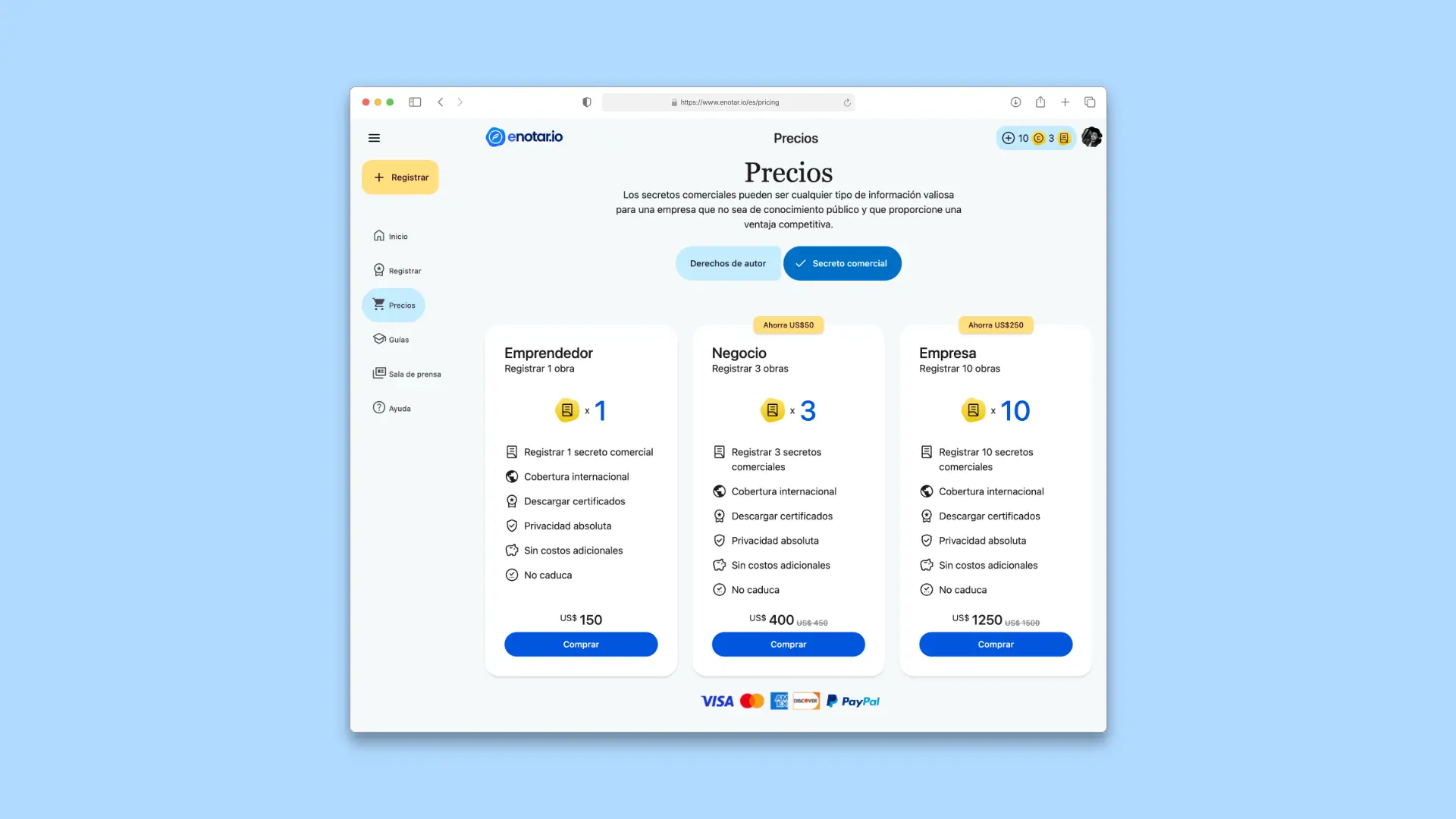 Tabla de precios de enotar.io Secreto comercial o industrial