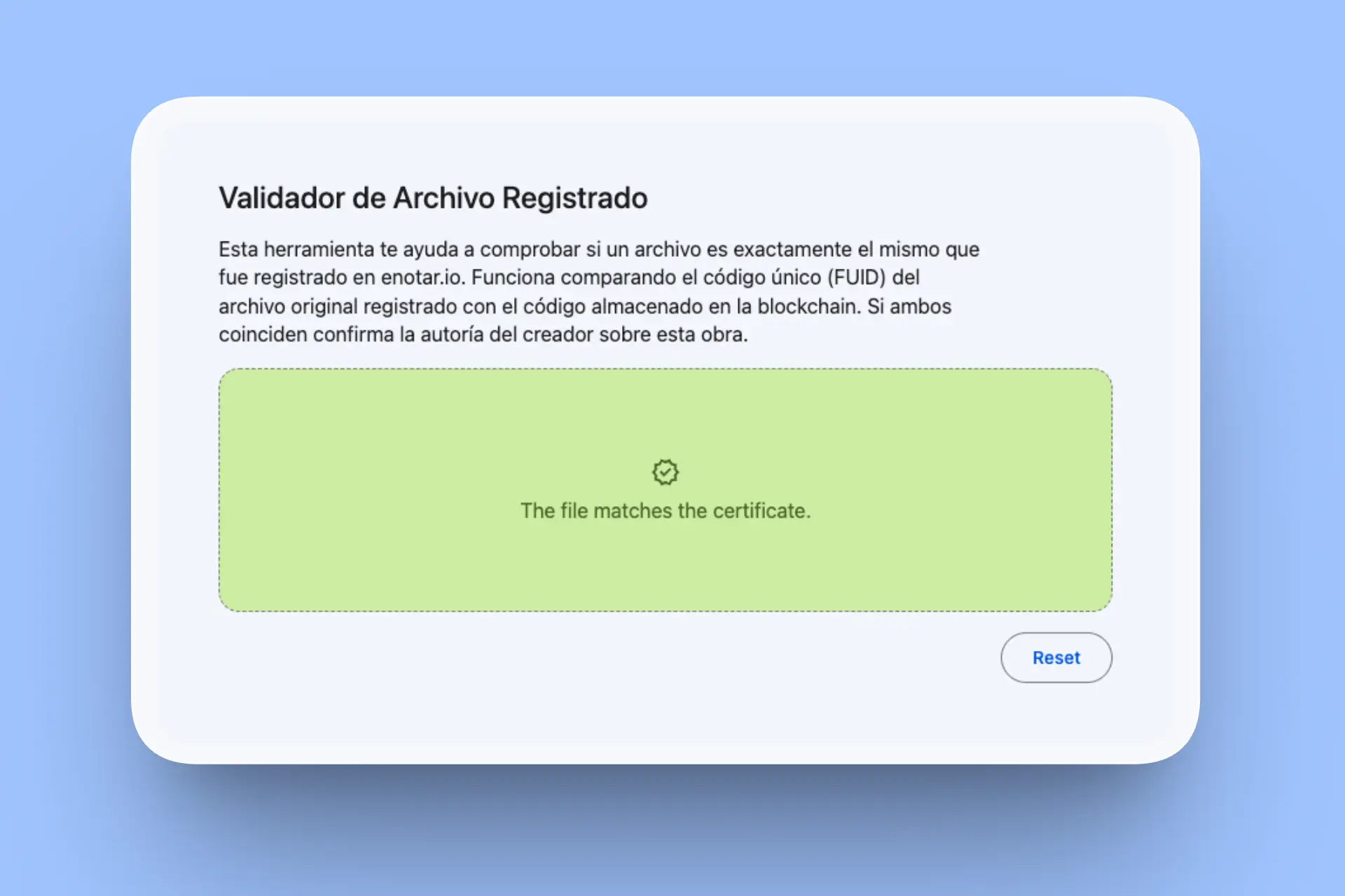 Validador de archivo registrado enotar.io - coinciden los hashes