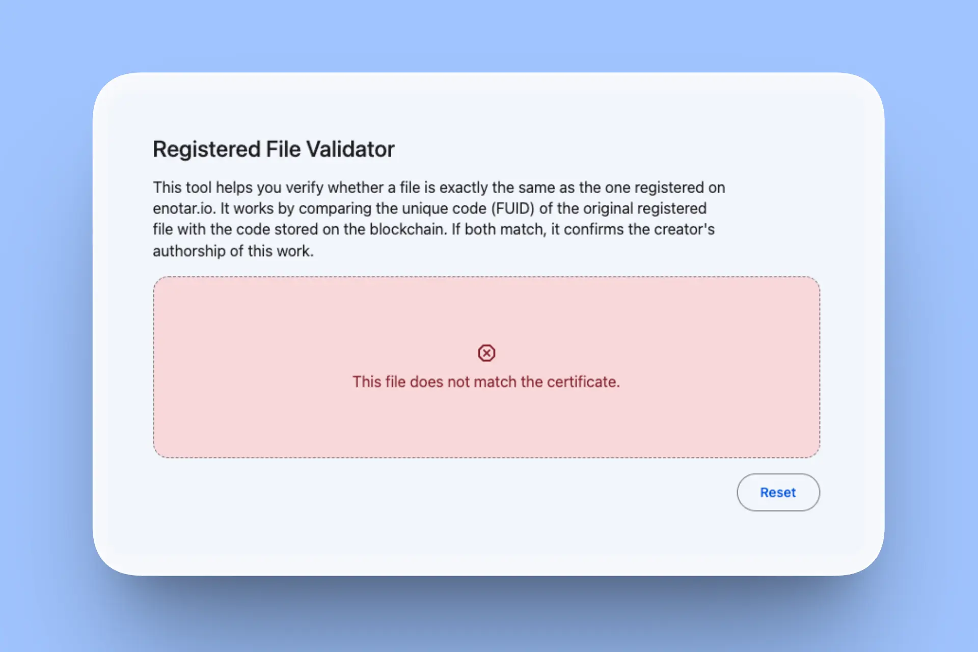 Registered file validator enotar.io - non-matching hashes