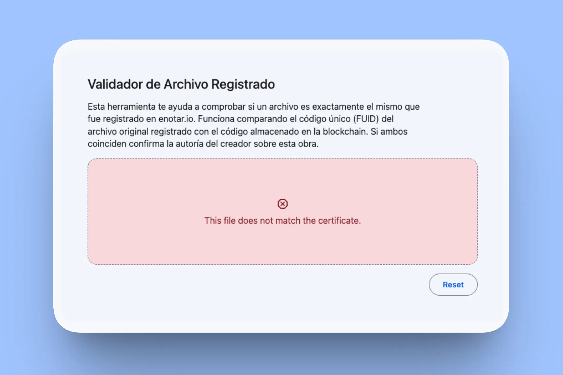 Validador de archivo registrado enotar.io - no coinciden los hashes