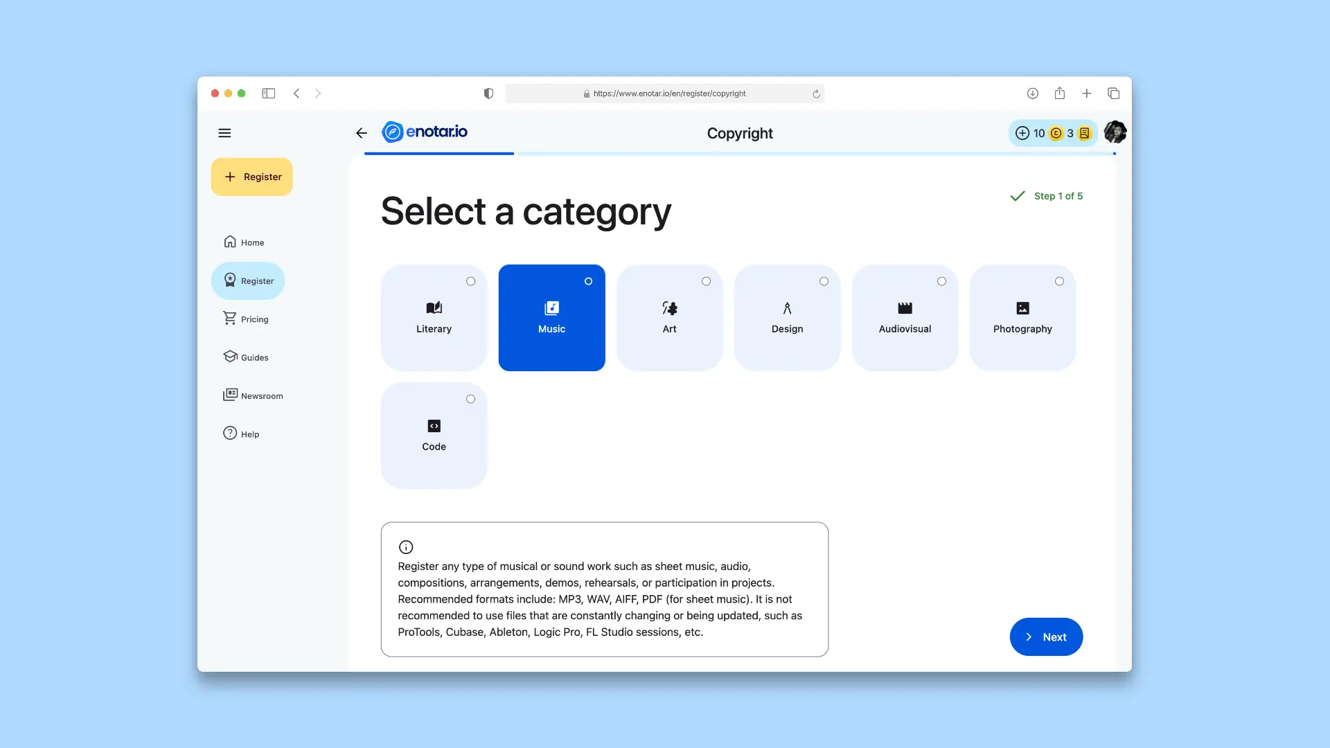 Choose a category Copyright Registration Process enotar.io