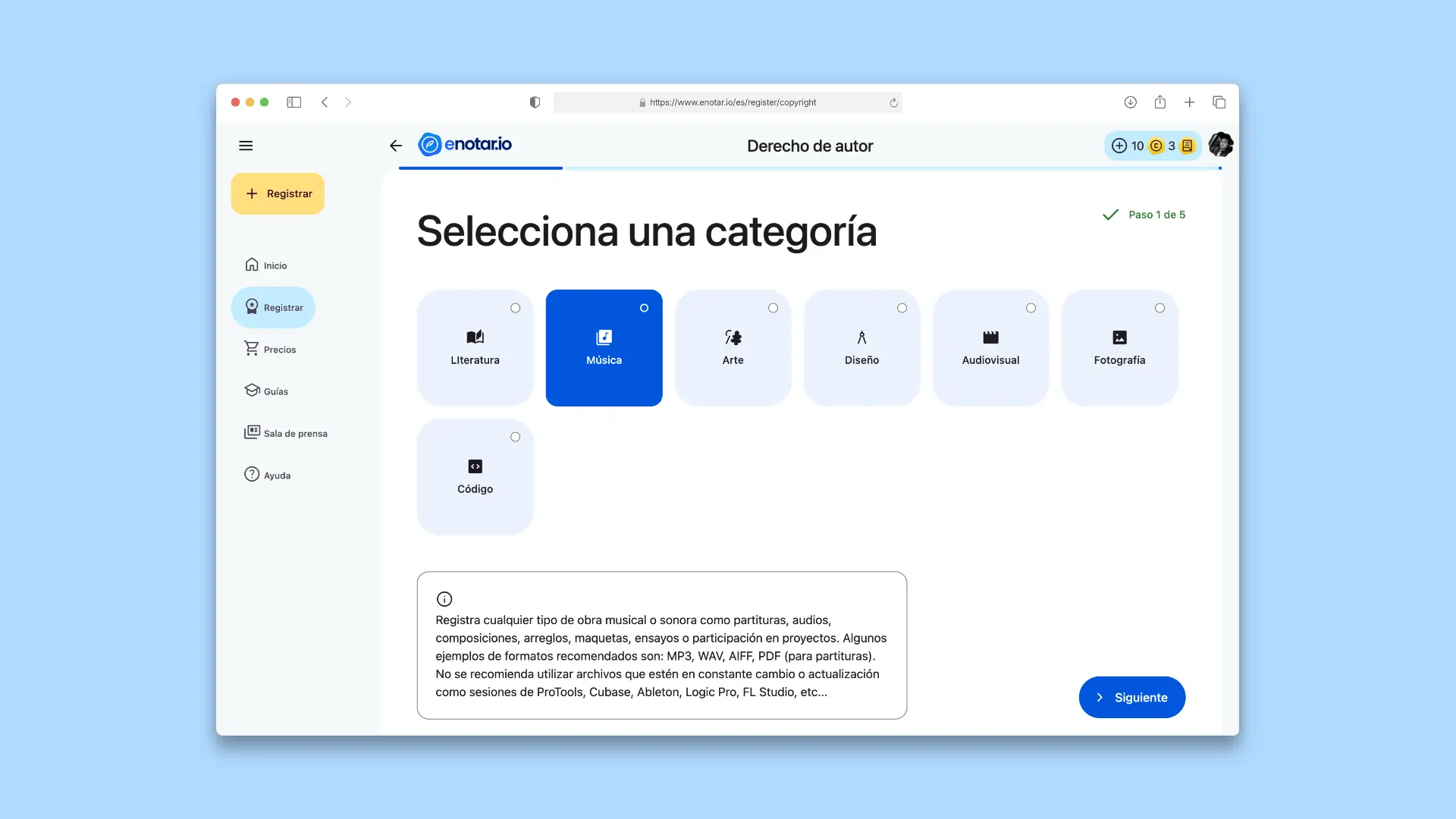 Elige una categoría Proceso de Registro de Derecho de Autor enotar.io