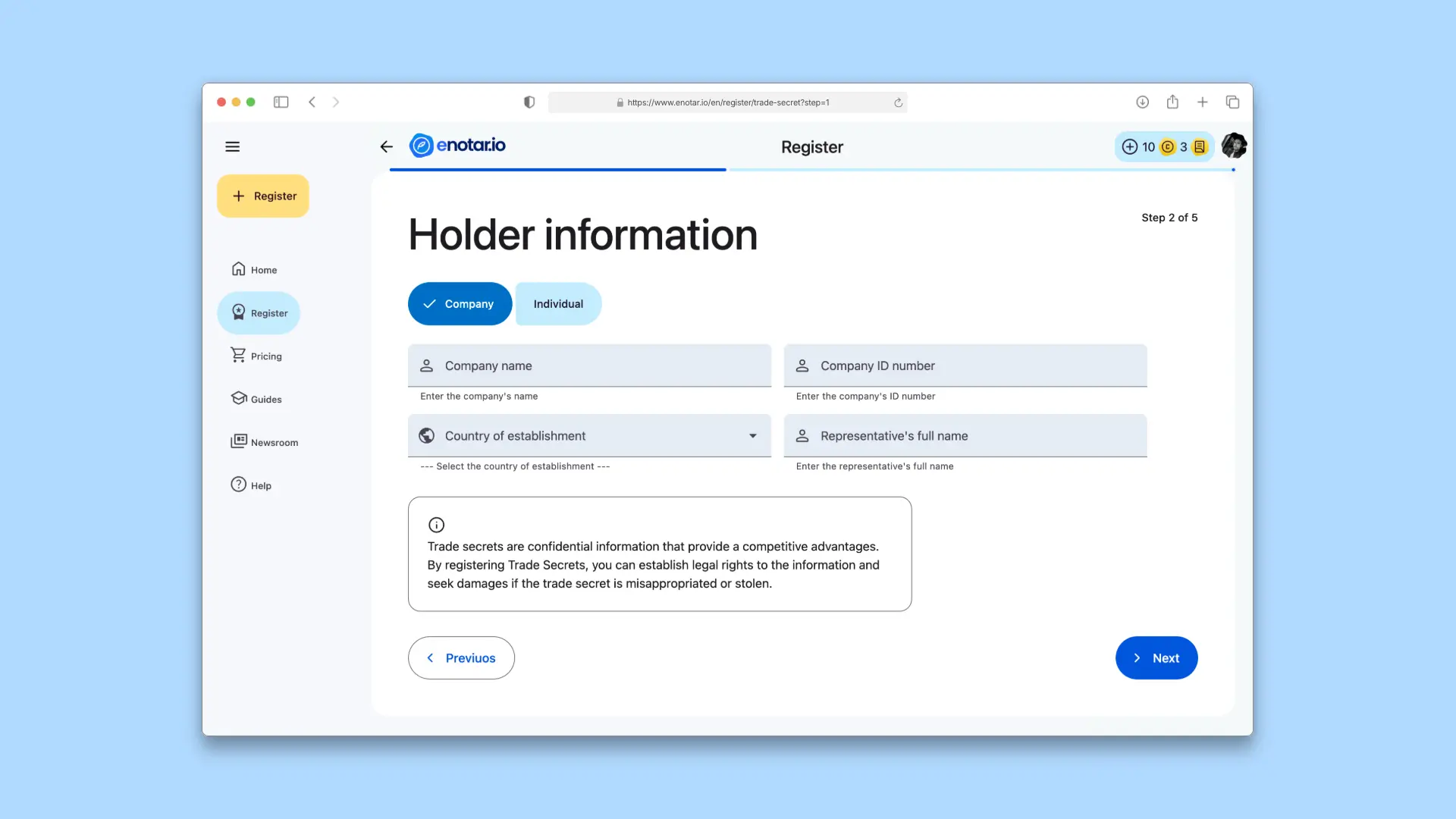 Enter Company Owner Information - Trade Secret Registration Process on enotar.io