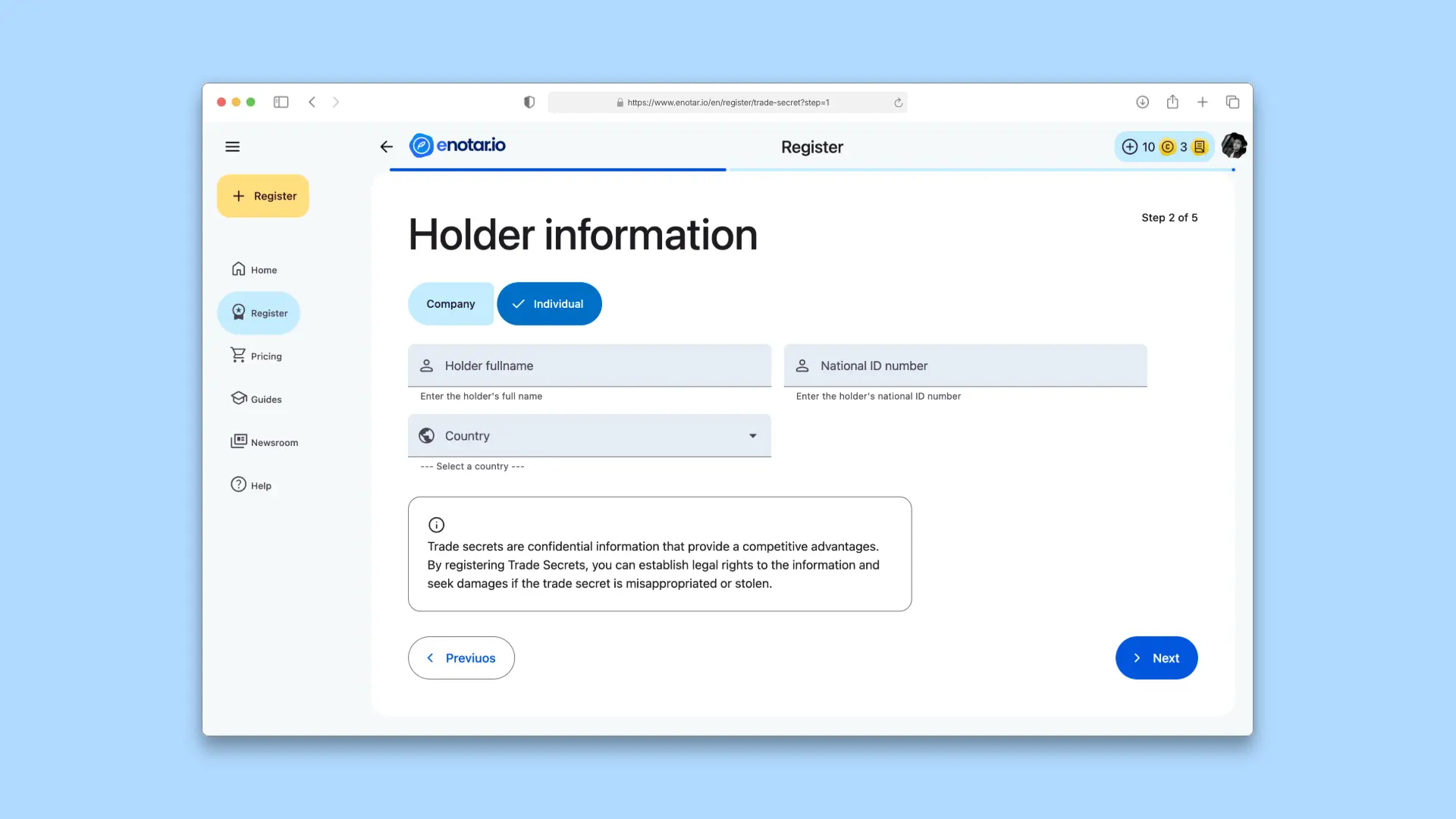 Step 2 Enter Owner Information - Trade Secret Registration Process on enotar.io