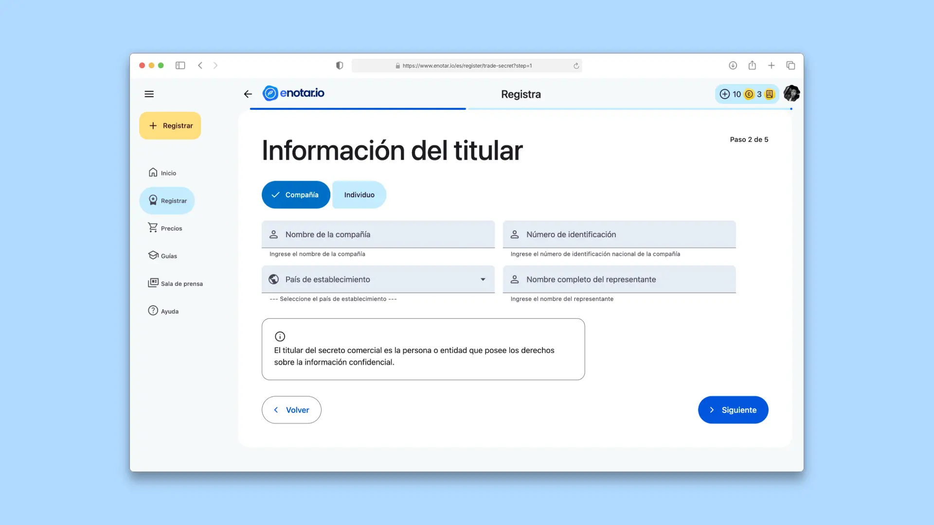 Introducir Informacion Empresa Propietaria Proceso de Registro de Secreto Comercial enotar.io
