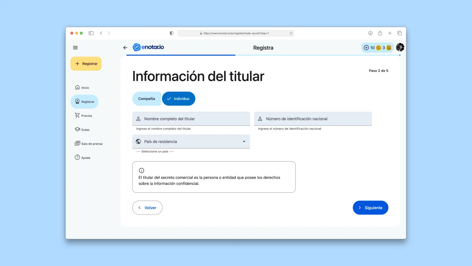 Paso 2 Introducir informacion propietario Proceso de Registro de Secreto Comercial enotar.io