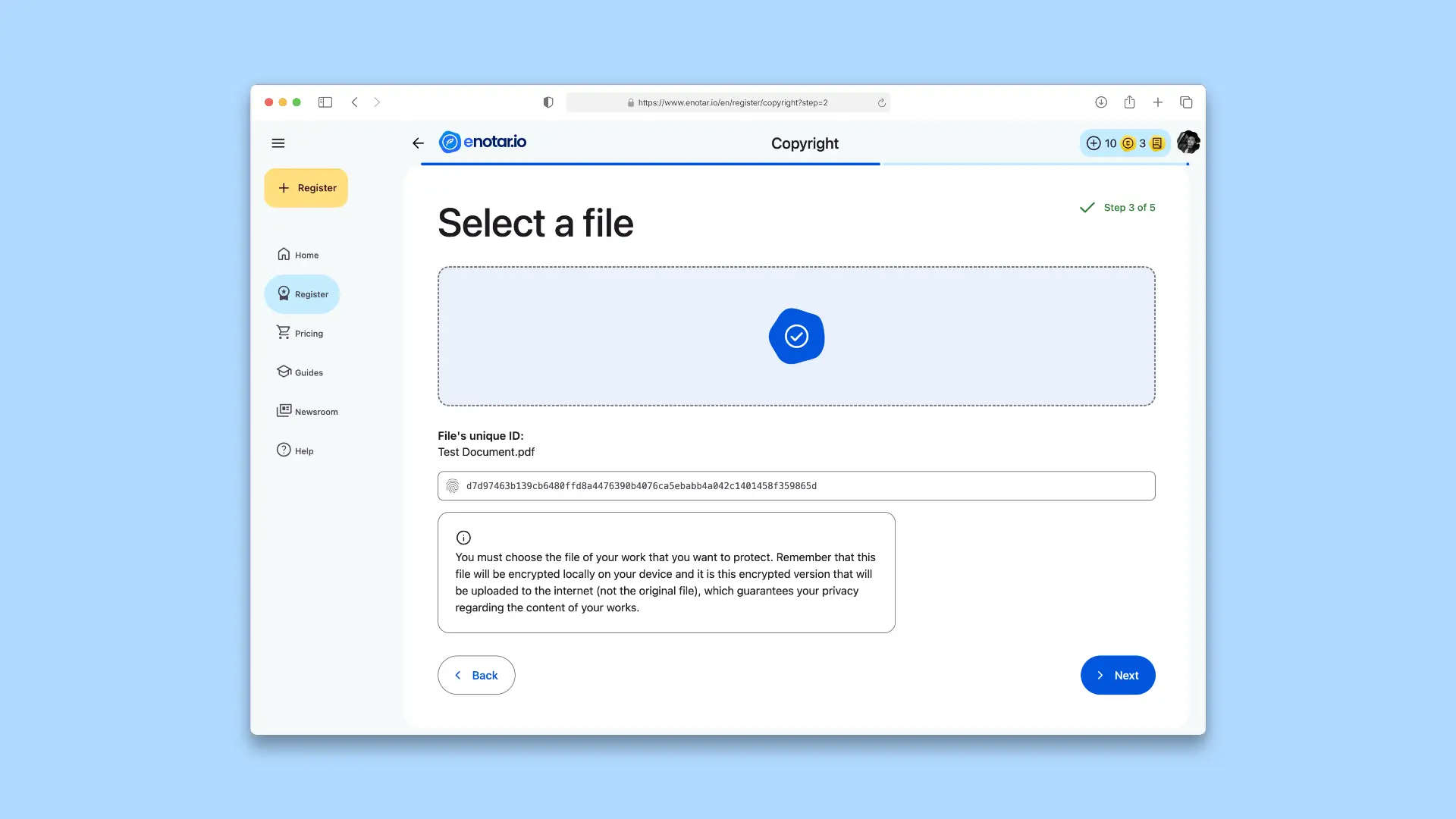 A unique encrypted file ID is generated instantly for your work Registration Process enotar.io