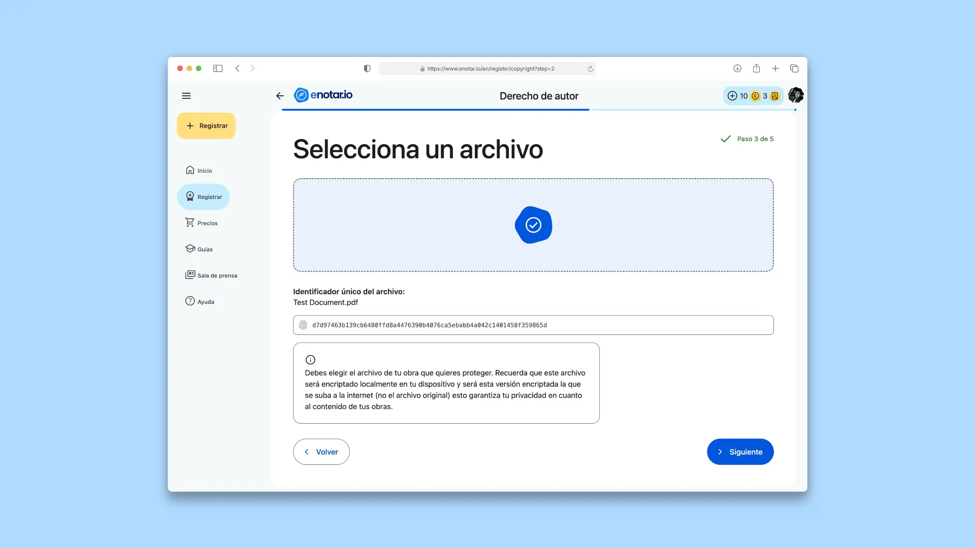Se genera de forma instantánea un ID de archivo cifrado único para tu obra Proceso de Registro enotar.io
