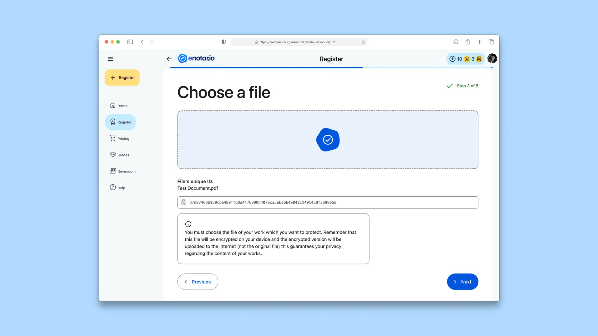 Select File - Trade Secret Registration on enotar.io