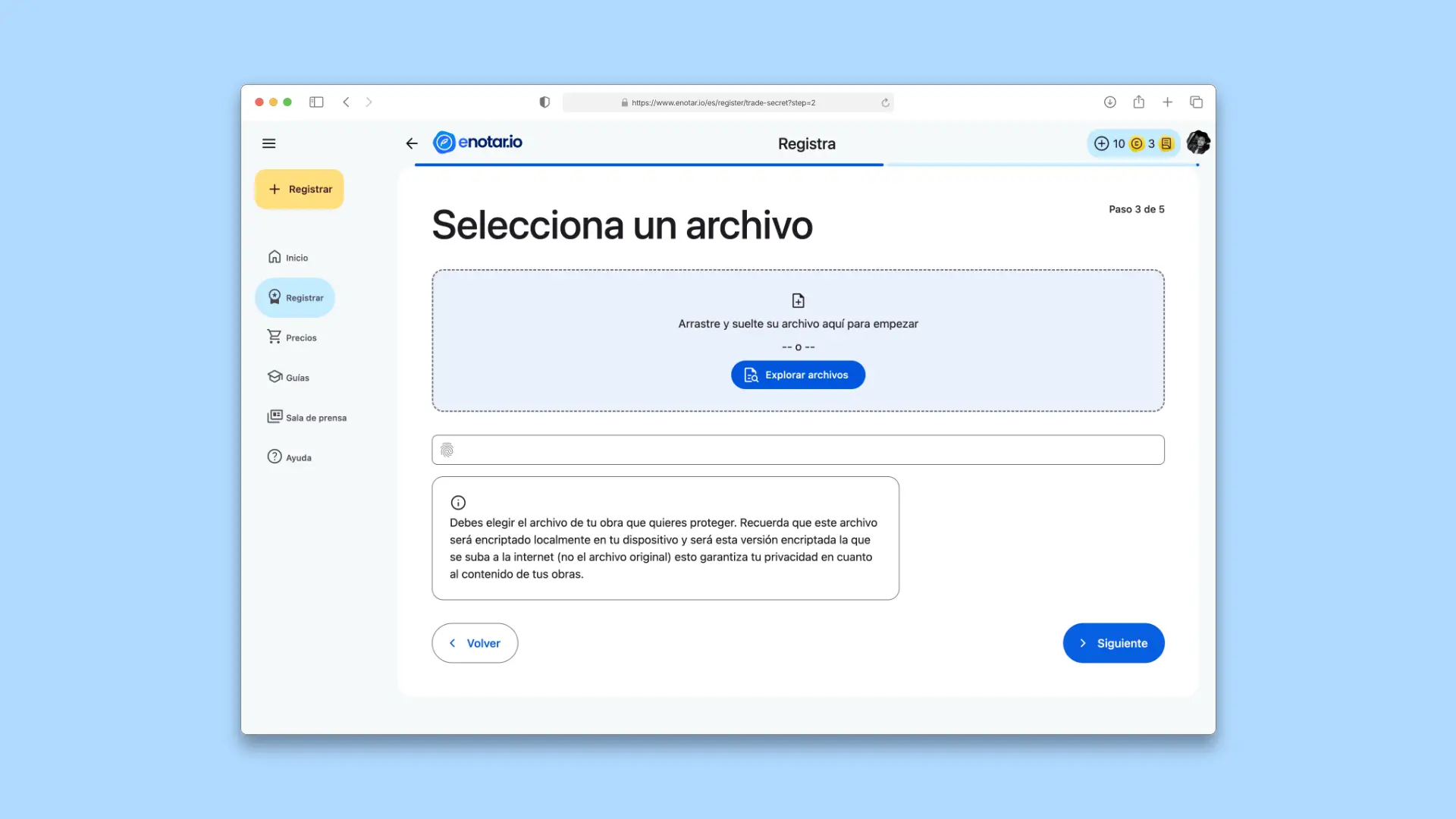 Selecciona Archivo Registro de Secreto Comercial enotar.io