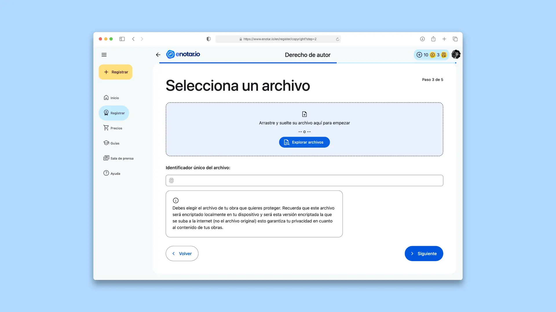 Selecciona tu Archivo Proceso de Registro de Derecho de Autor enotar.io