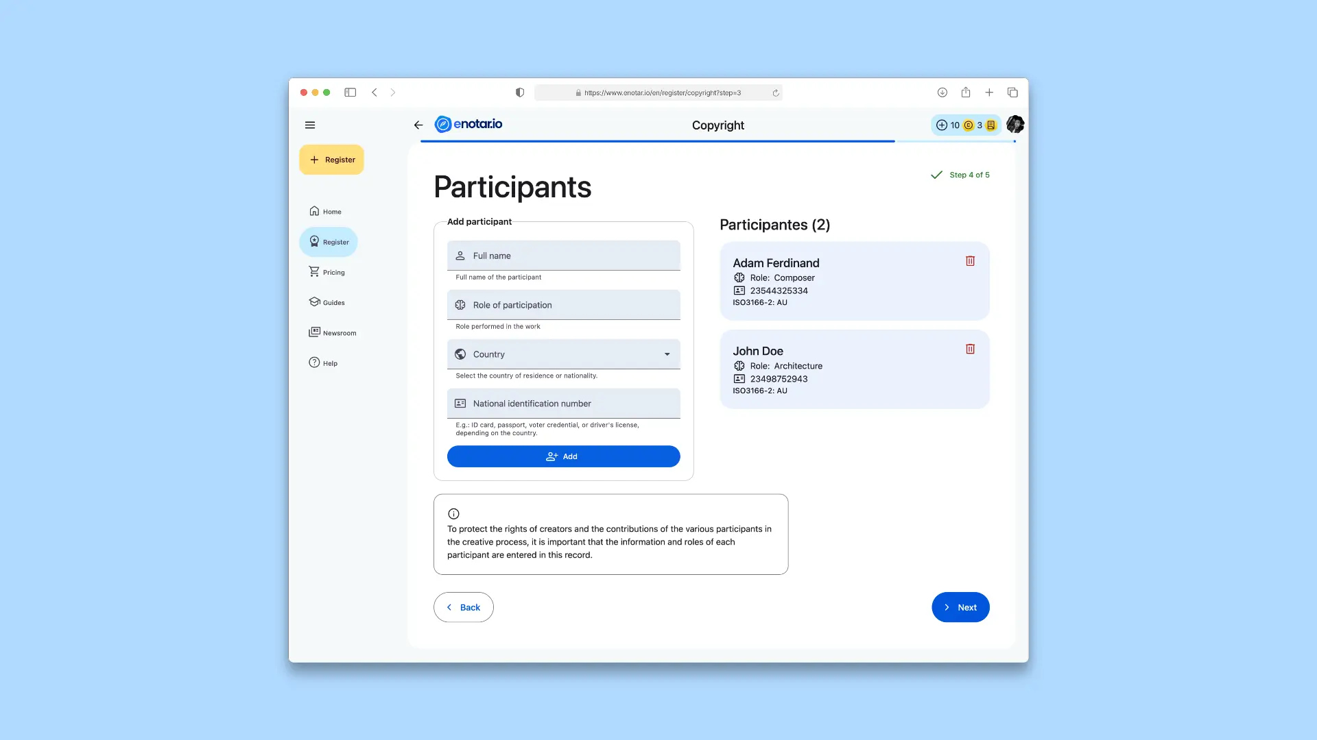 Enter the participants and their roles Registration Process enotar.io