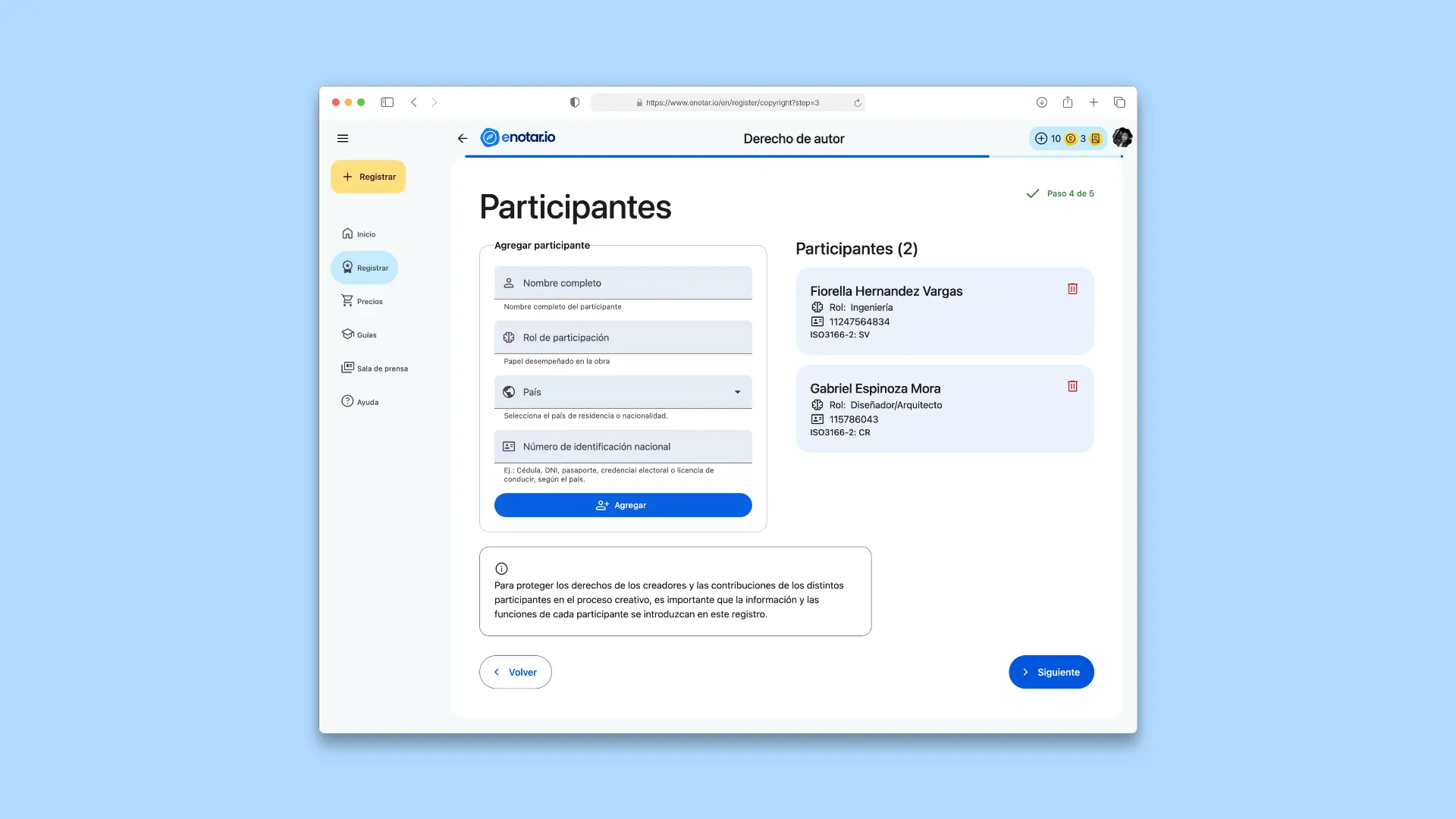 Ingresa los participantes y sus roles Proceso de Registro enotar.io