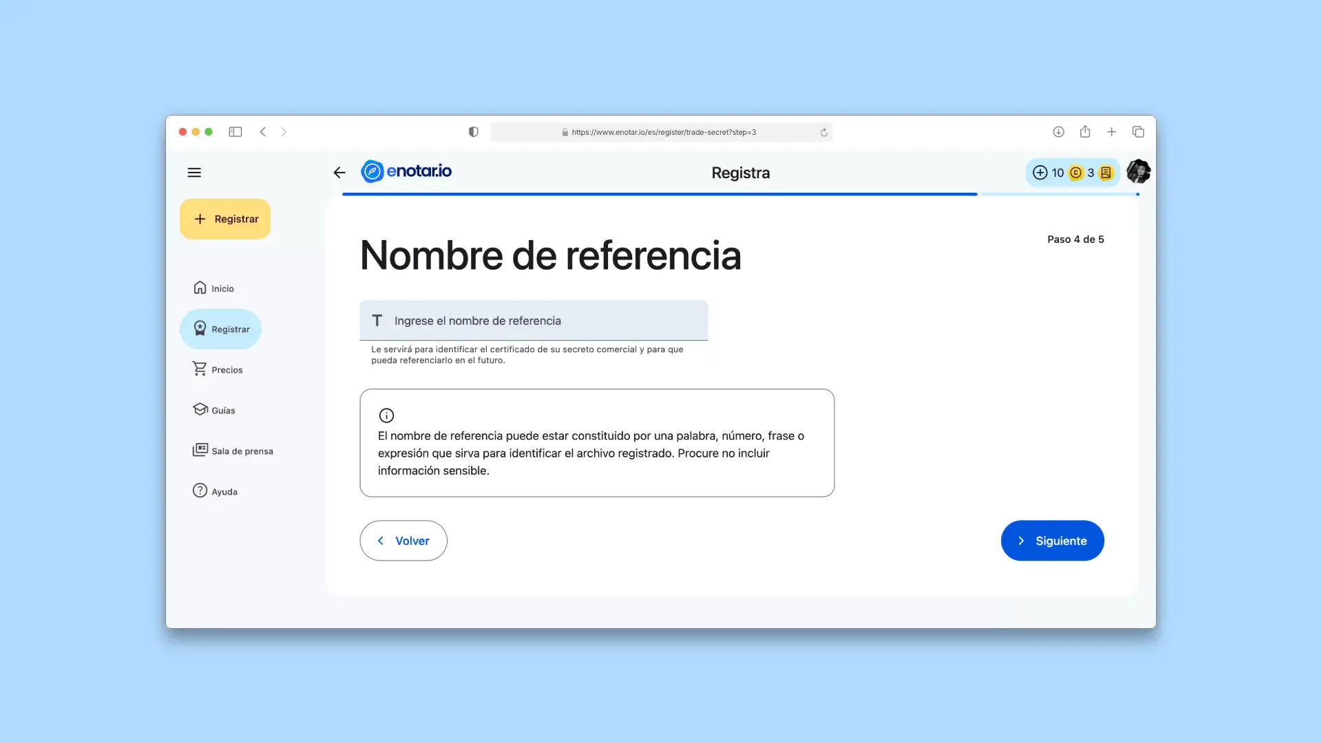 Introduce Nombre Referencia Registro de Secreto Comercial enotar.io