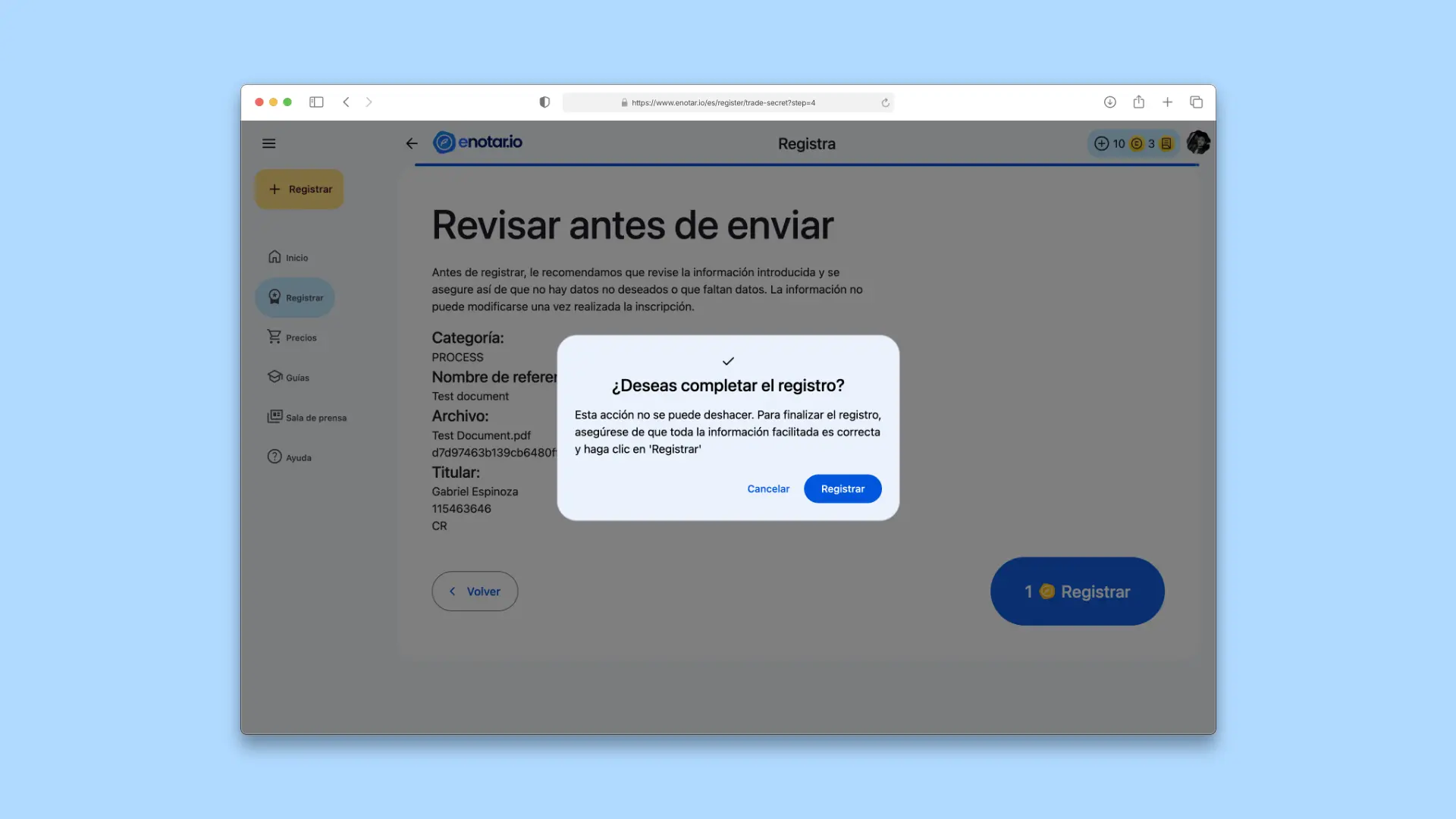 Confirmacion de Registro de Secreto Comercial enotar.io