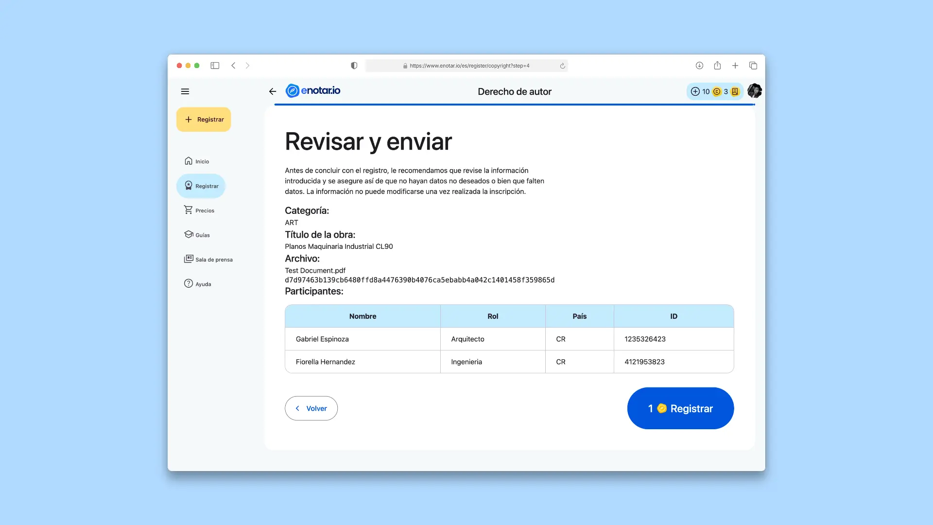 Revisa y envía Proceso de Registro enotar.io