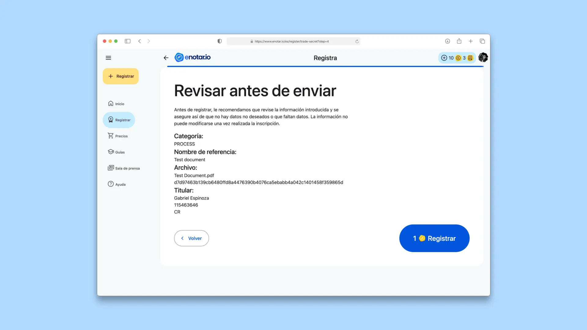 Revisión y envío de información Registro de Secreto Comercial enotar.io